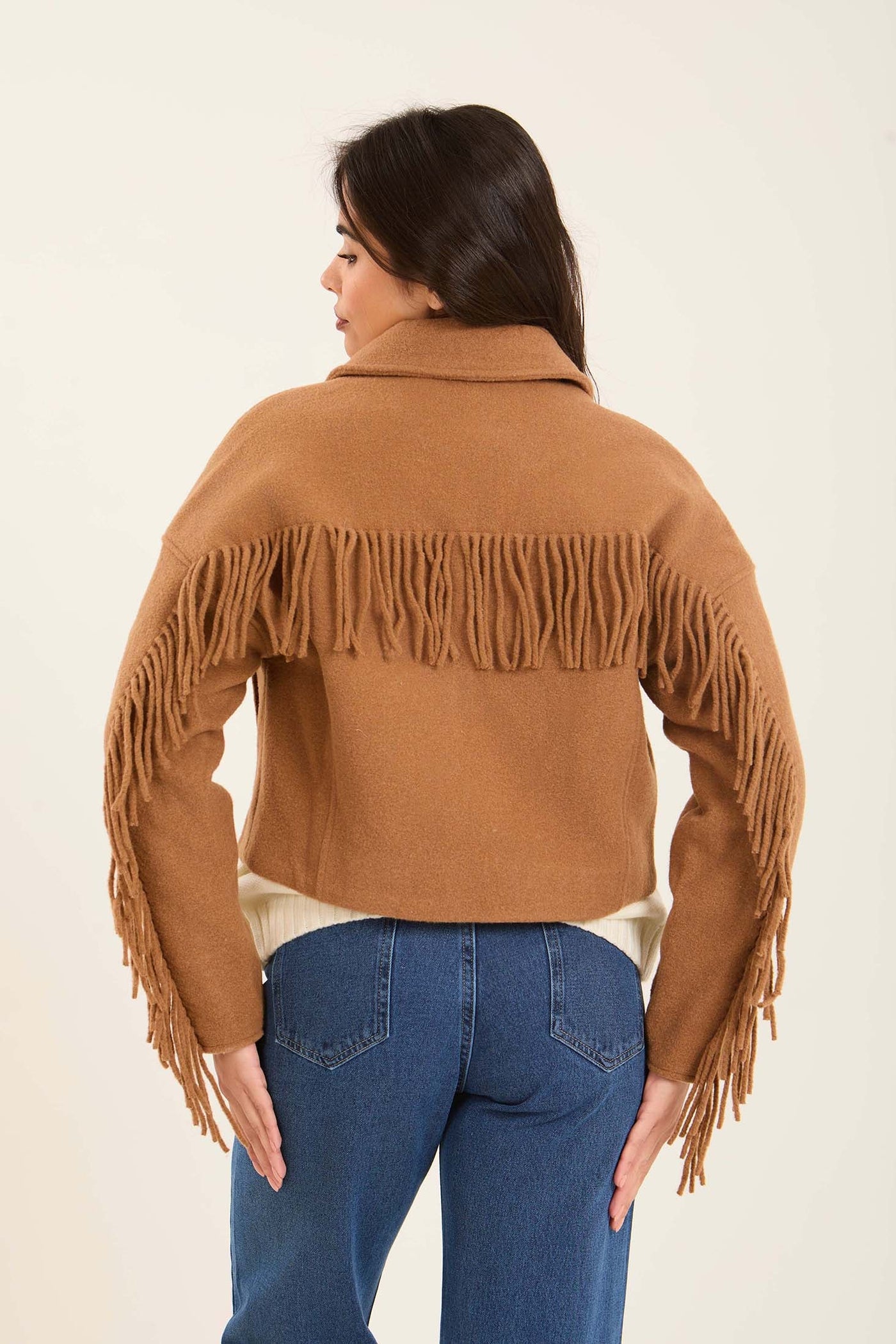 Women Short Jacket with Fringes - Brown