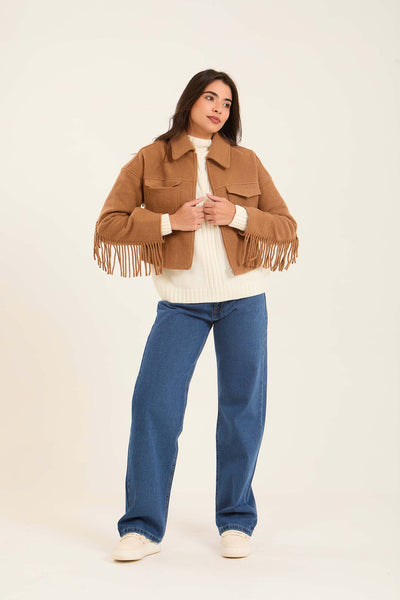 Women Short Jacket with Fringes - Brown