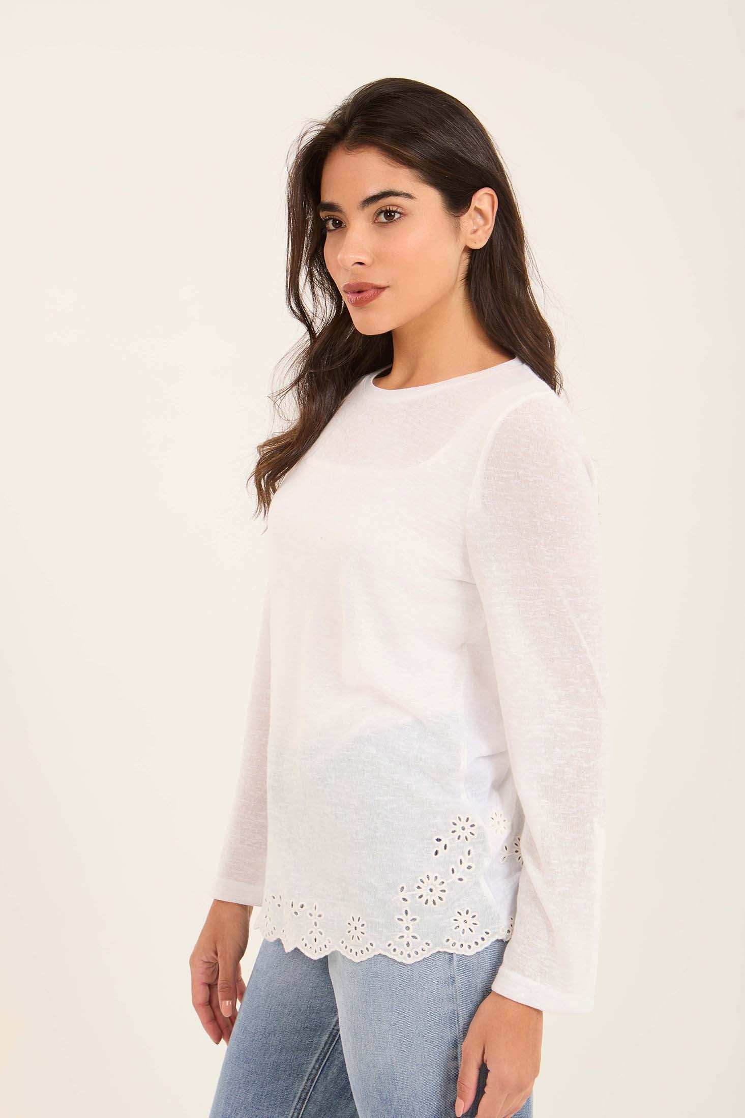 Textured Long Sleeves Tee with Embroidered Trim