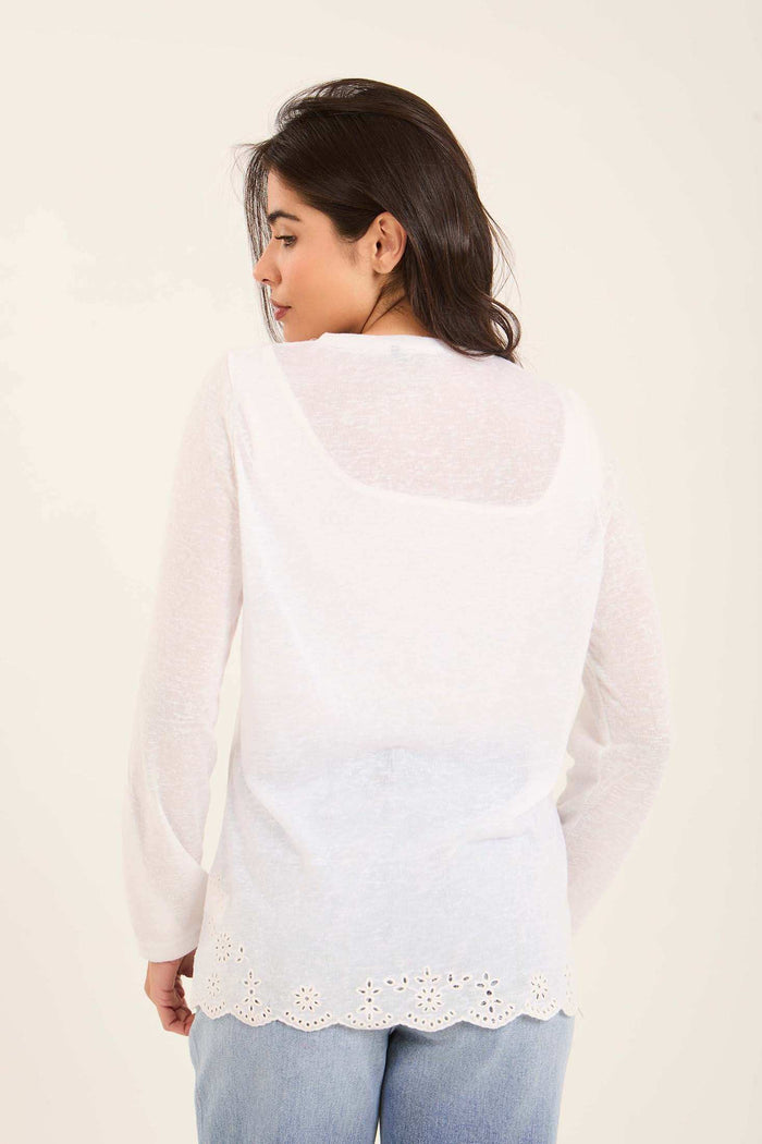 Textured Long Sleeves Tee with Embroidered Trim