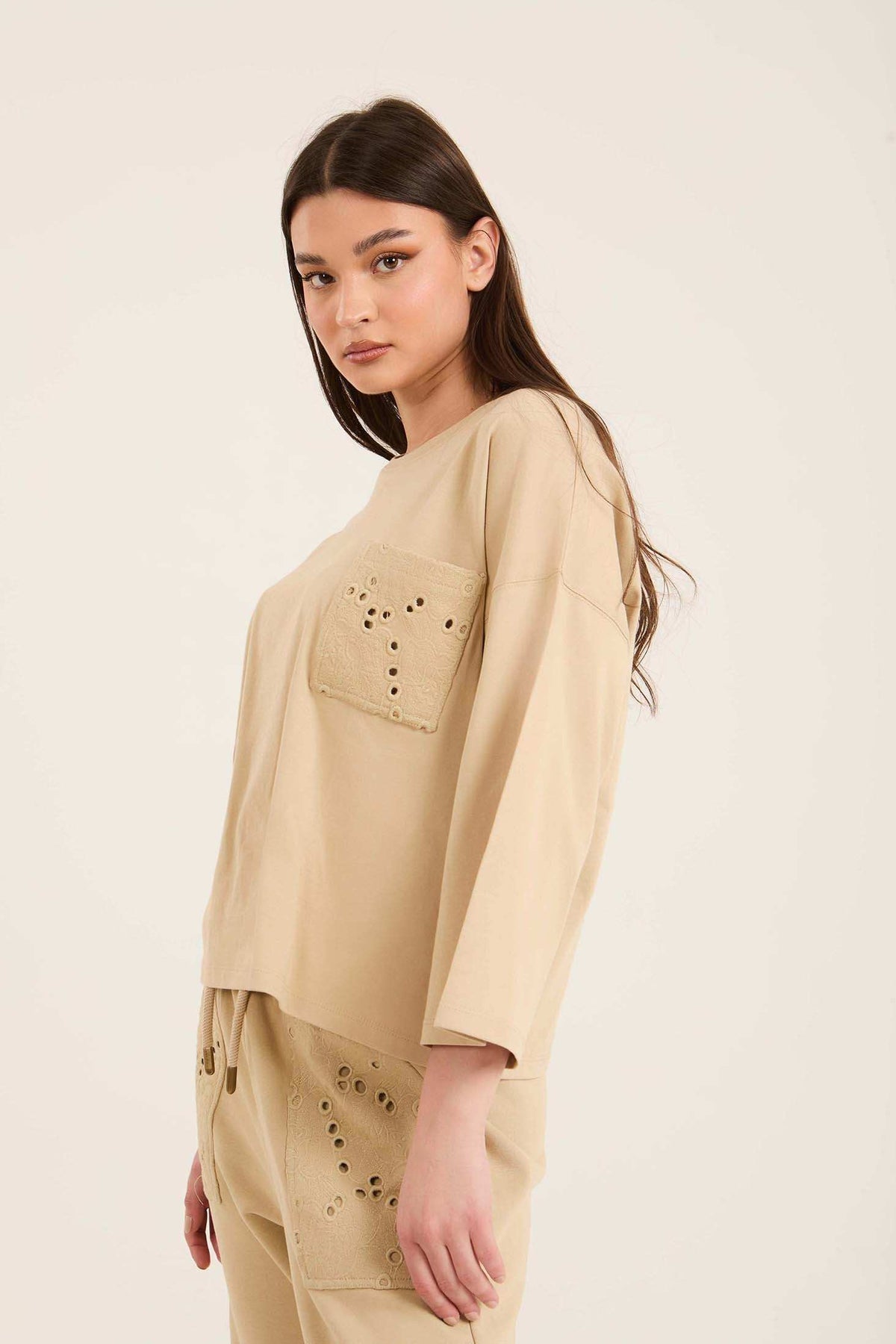 Relaxed Fit Slip On Tee with Perforated Pocket