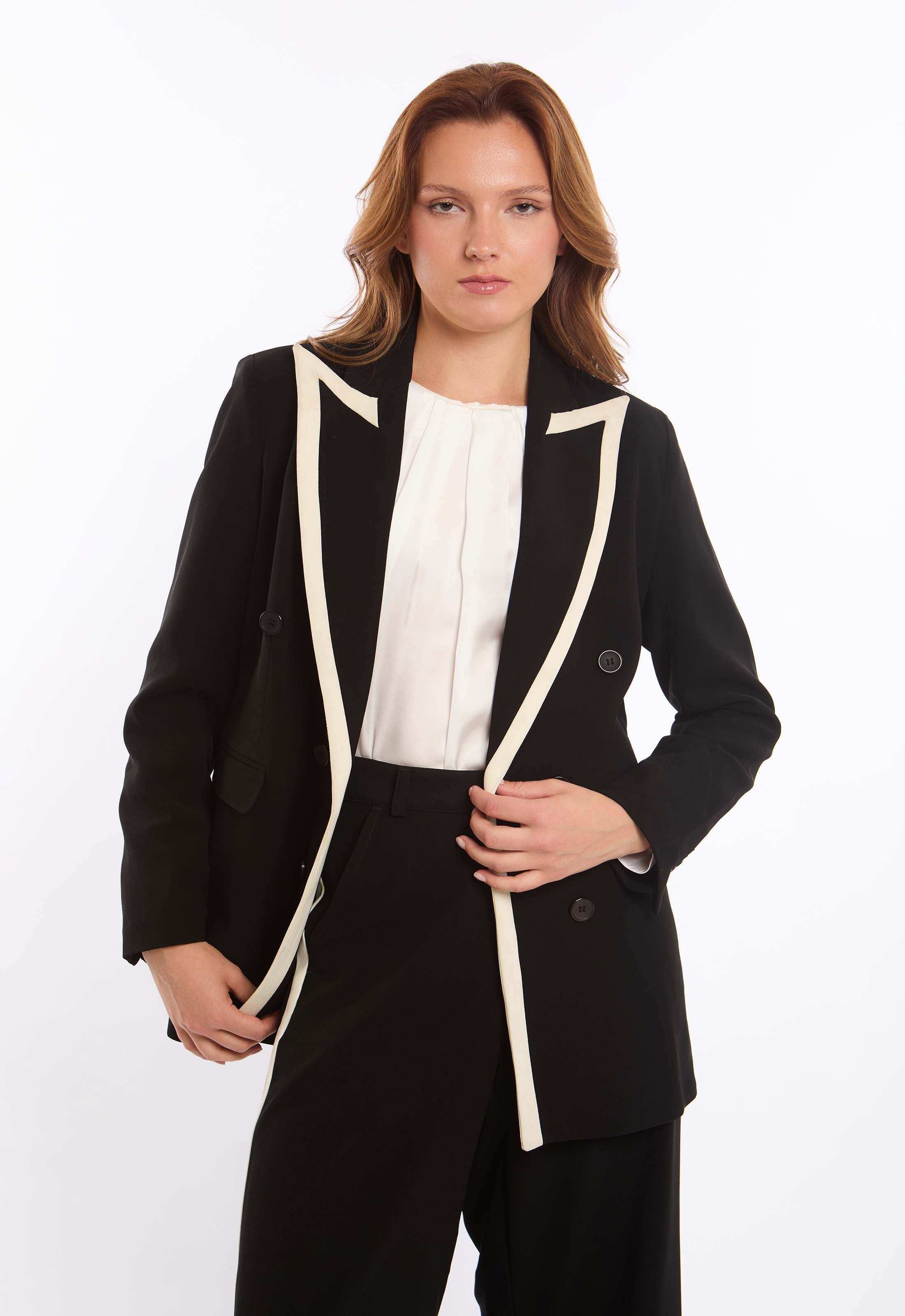 Contrast Trim Double-Breasted Blazer