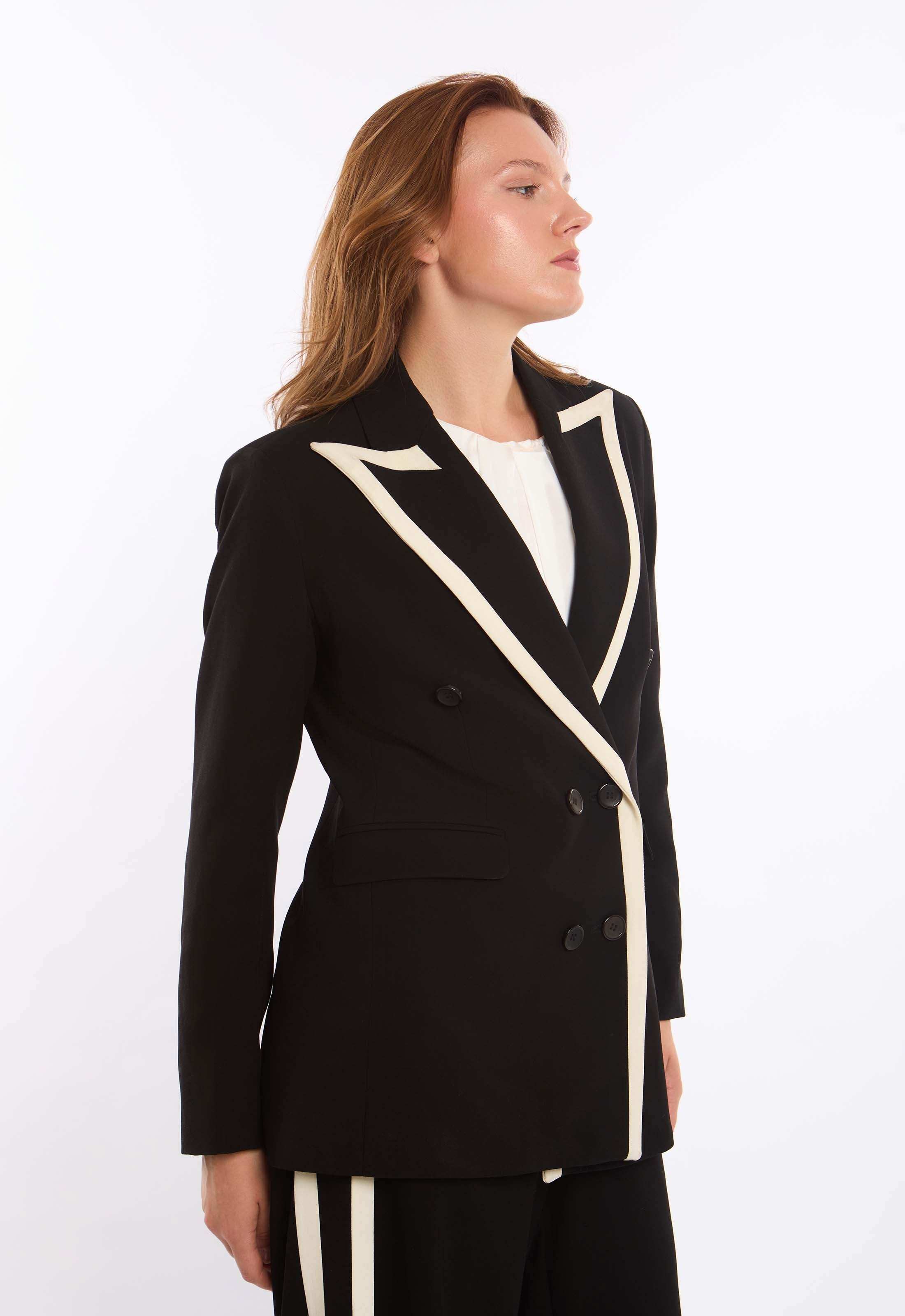 Contrast Trim Double-Breasted Blazer
