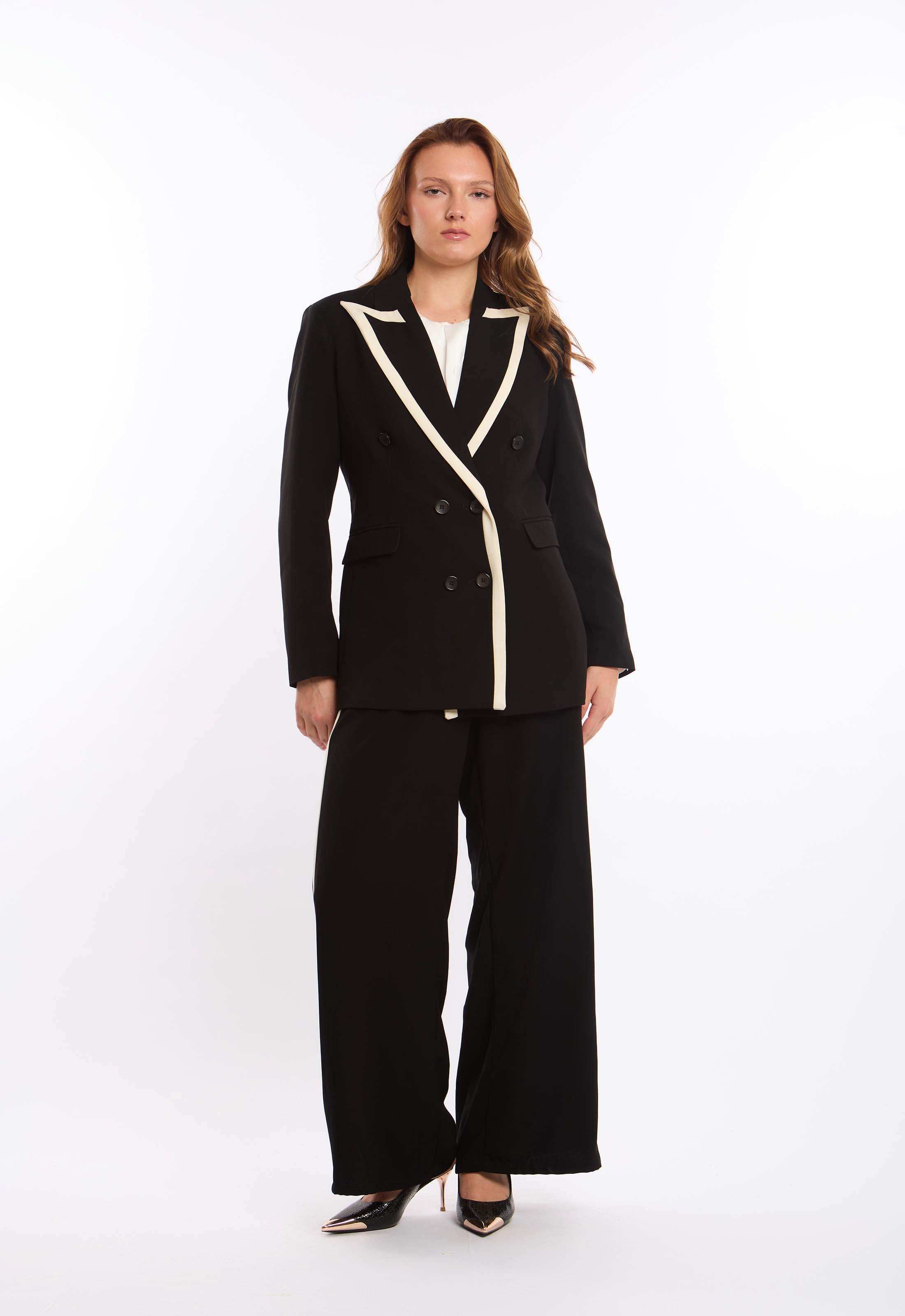 Contrast Trim Double-Breasted Blazer