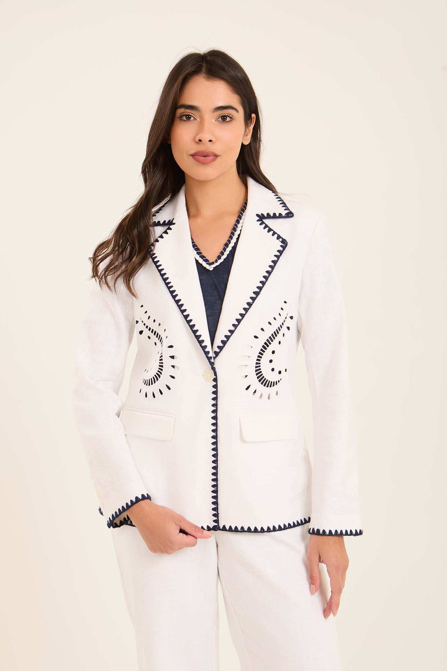 Tailored Linen Blazer with Contrast Embroidery