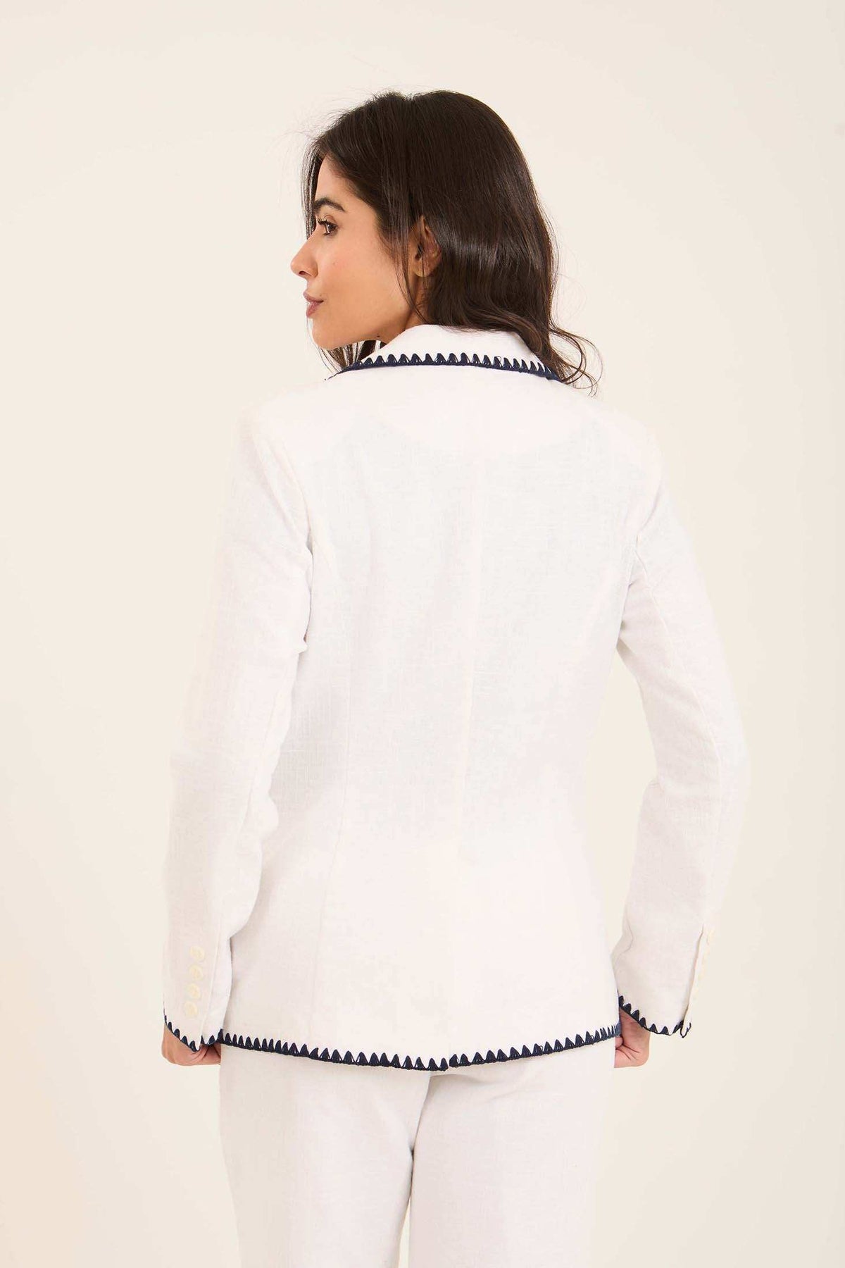 Tailored Linen Blazer with Contrast Embroidery