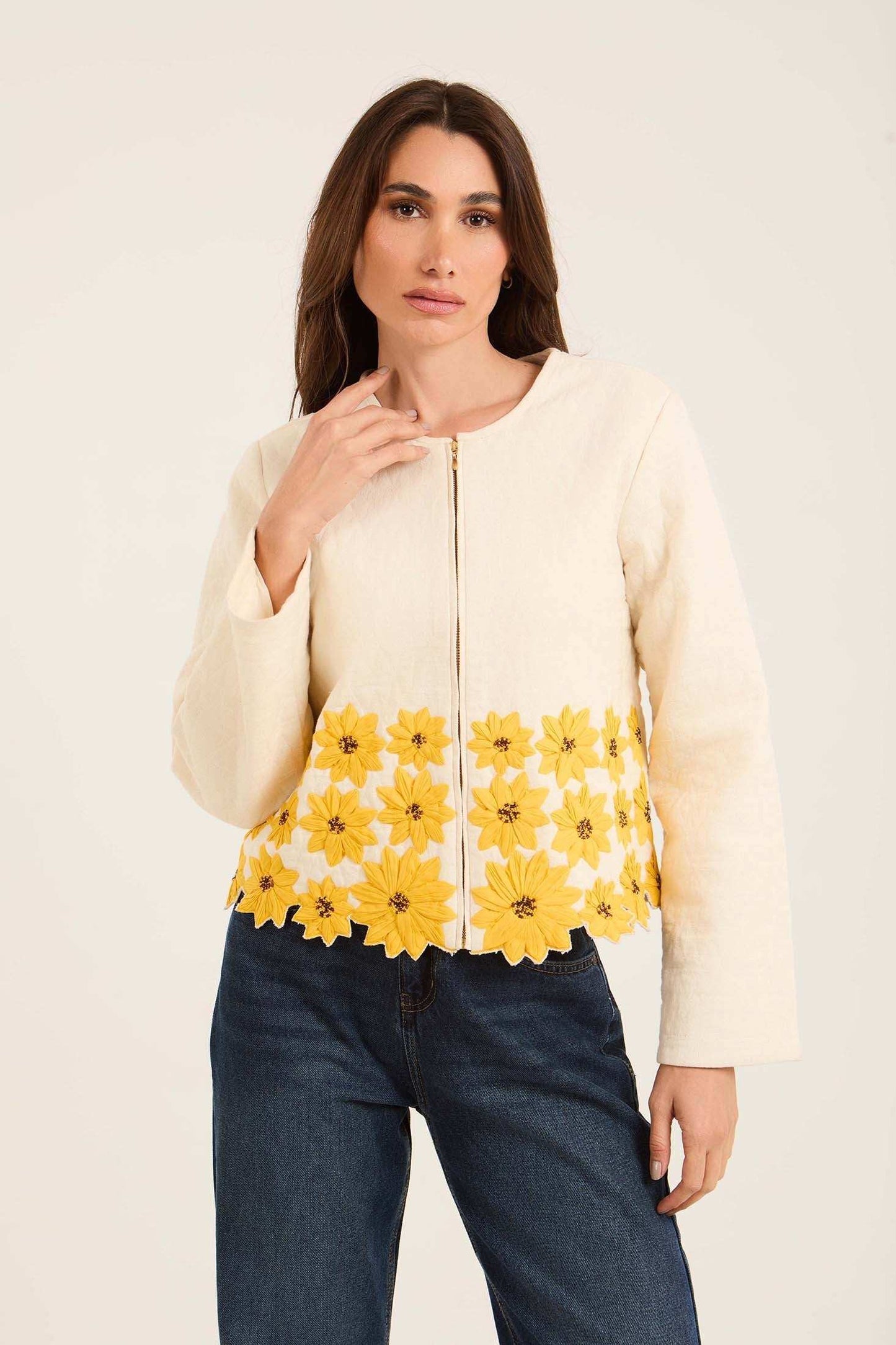 Floral Embroidered Jacket with Scalloped Hem