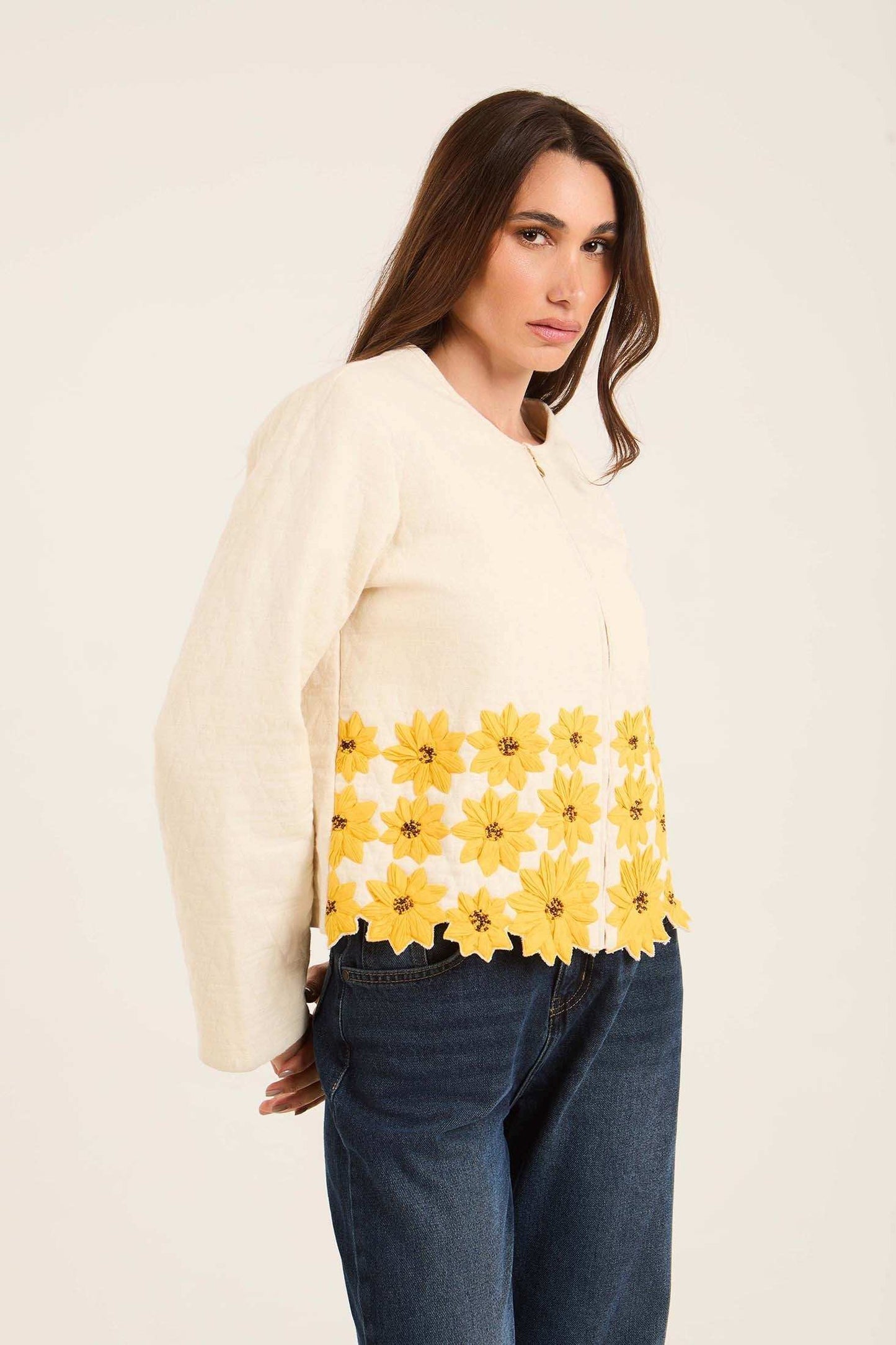 Floral Embroidered Jacket with Scalloped Hem