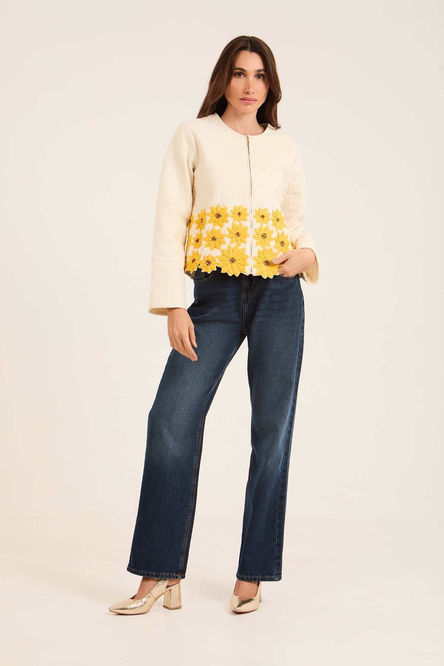 Floral Embroidered Jacket with Scalloped Hem