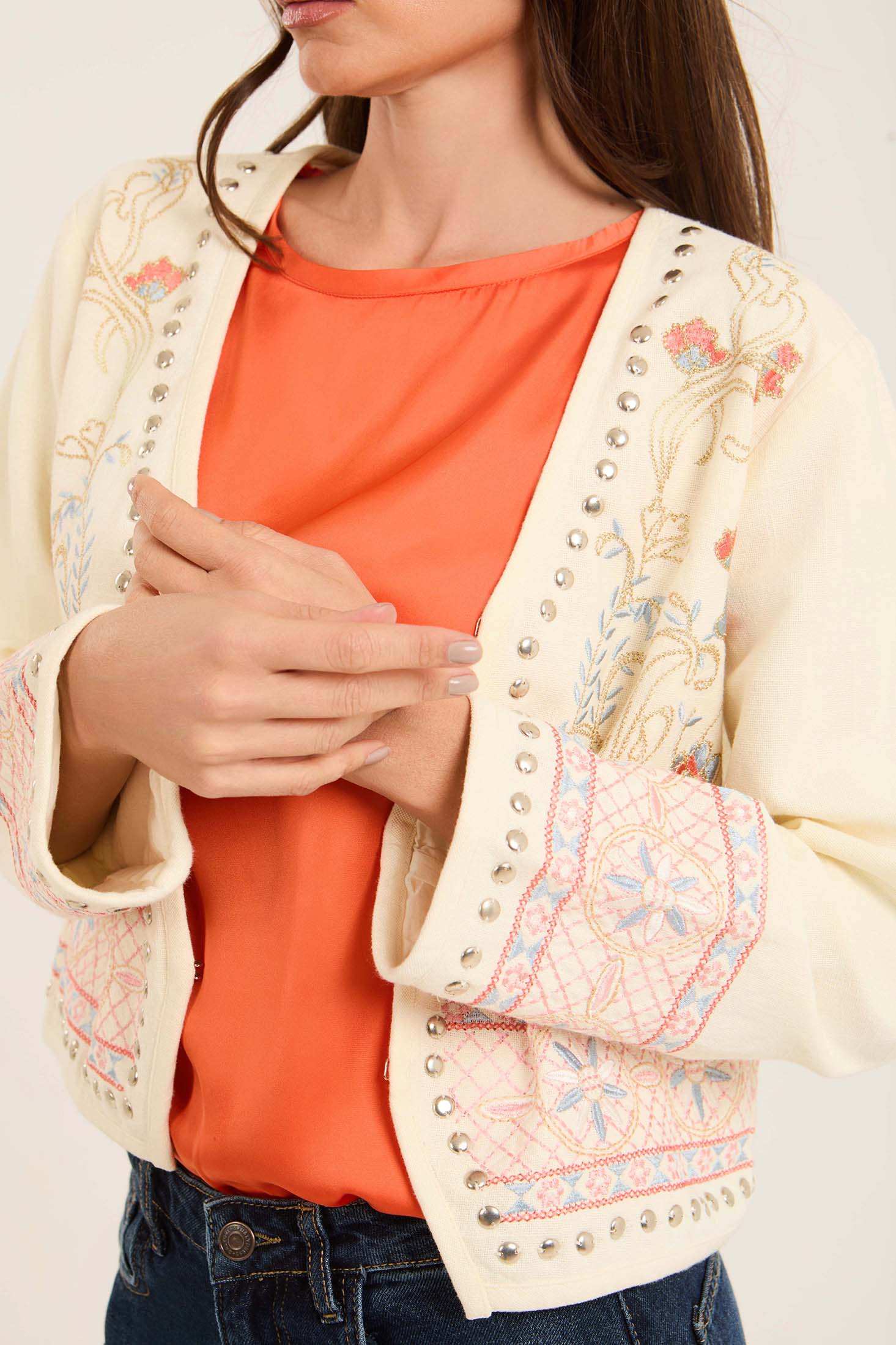 Embroidered Jacket with Studded Trim