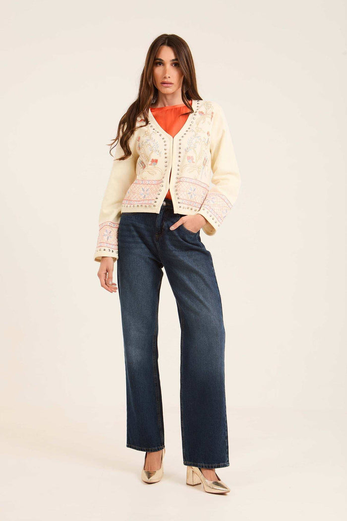 Embroidered Jacket with Studded Trim