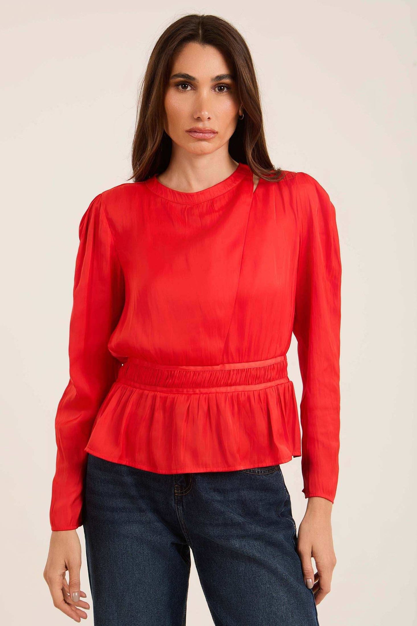 Satin Elastic-Waist Blouse