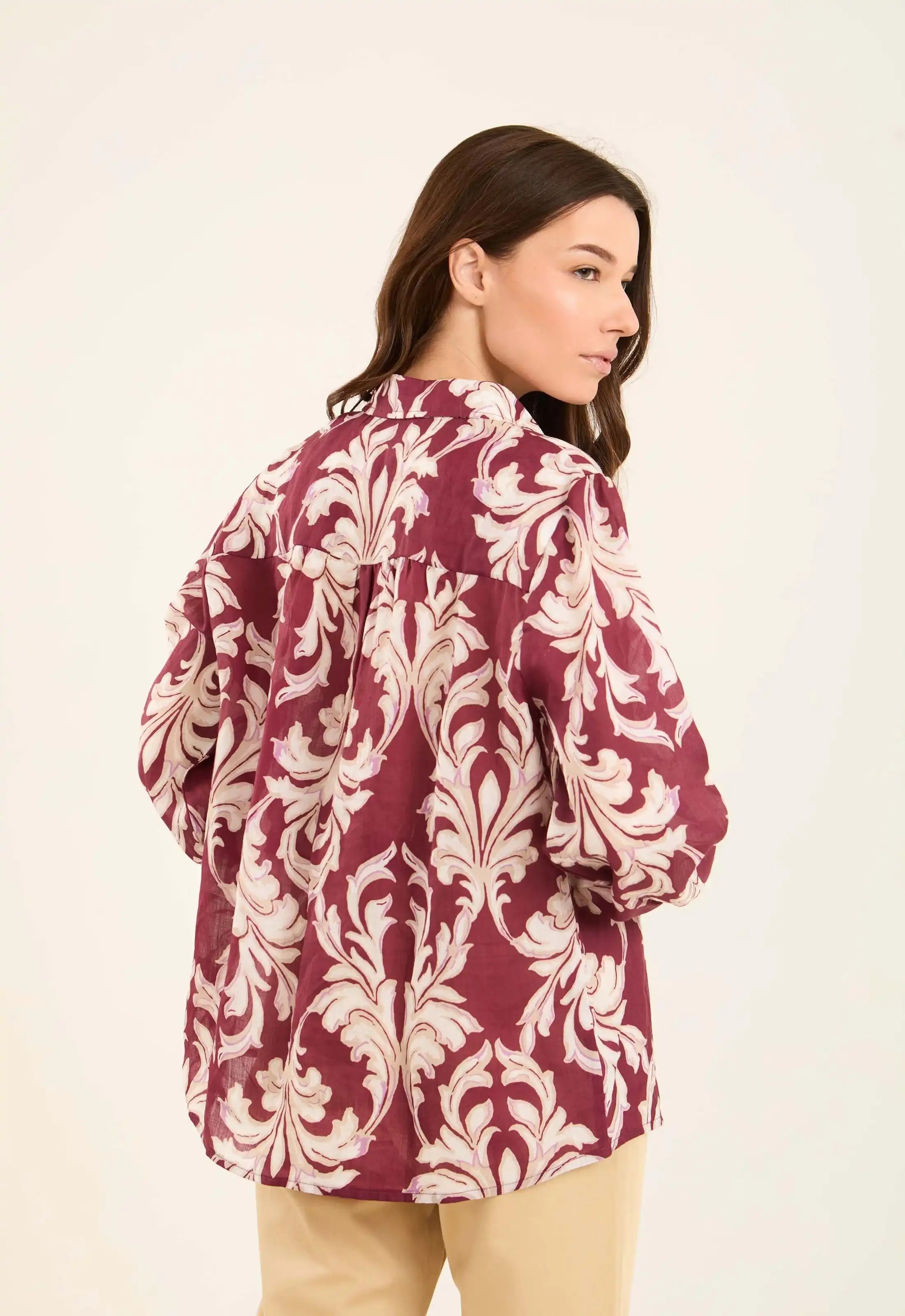 Printed Ramie Buttoned Long Shirt