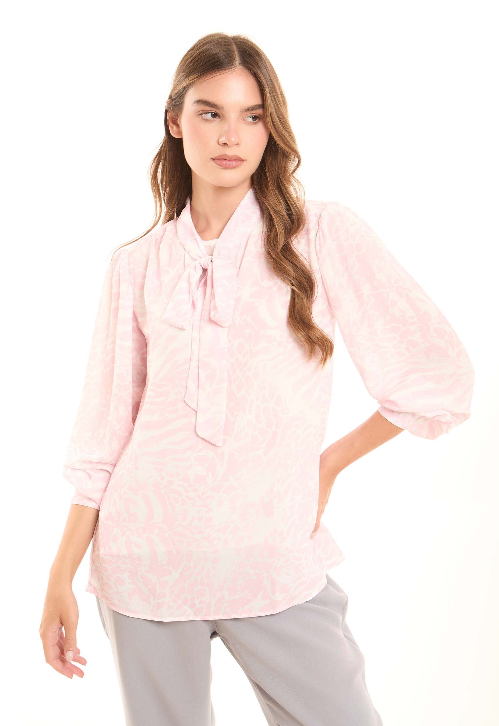 Soft Bow-Tie Blouse with Subtle Animal Print