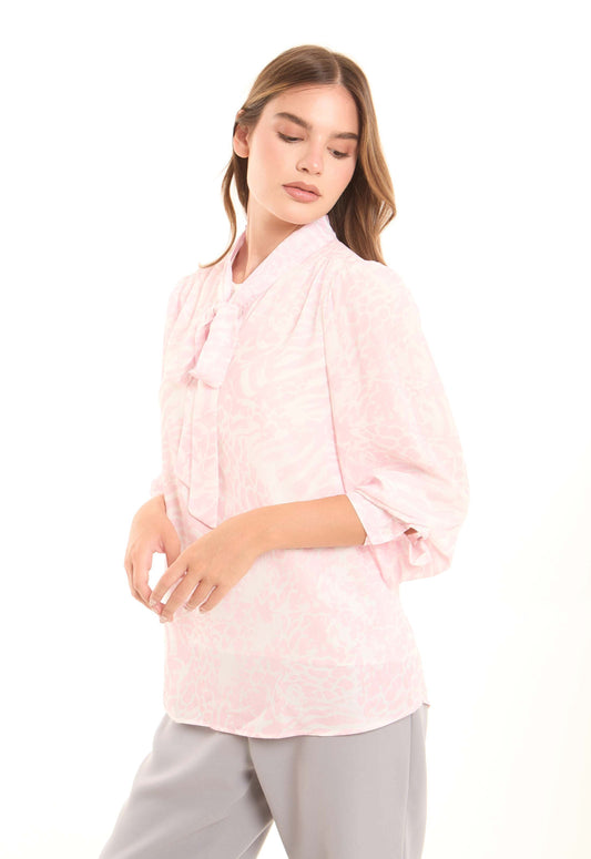Soft Bow-Tie Blouse with Subtle Animal Print