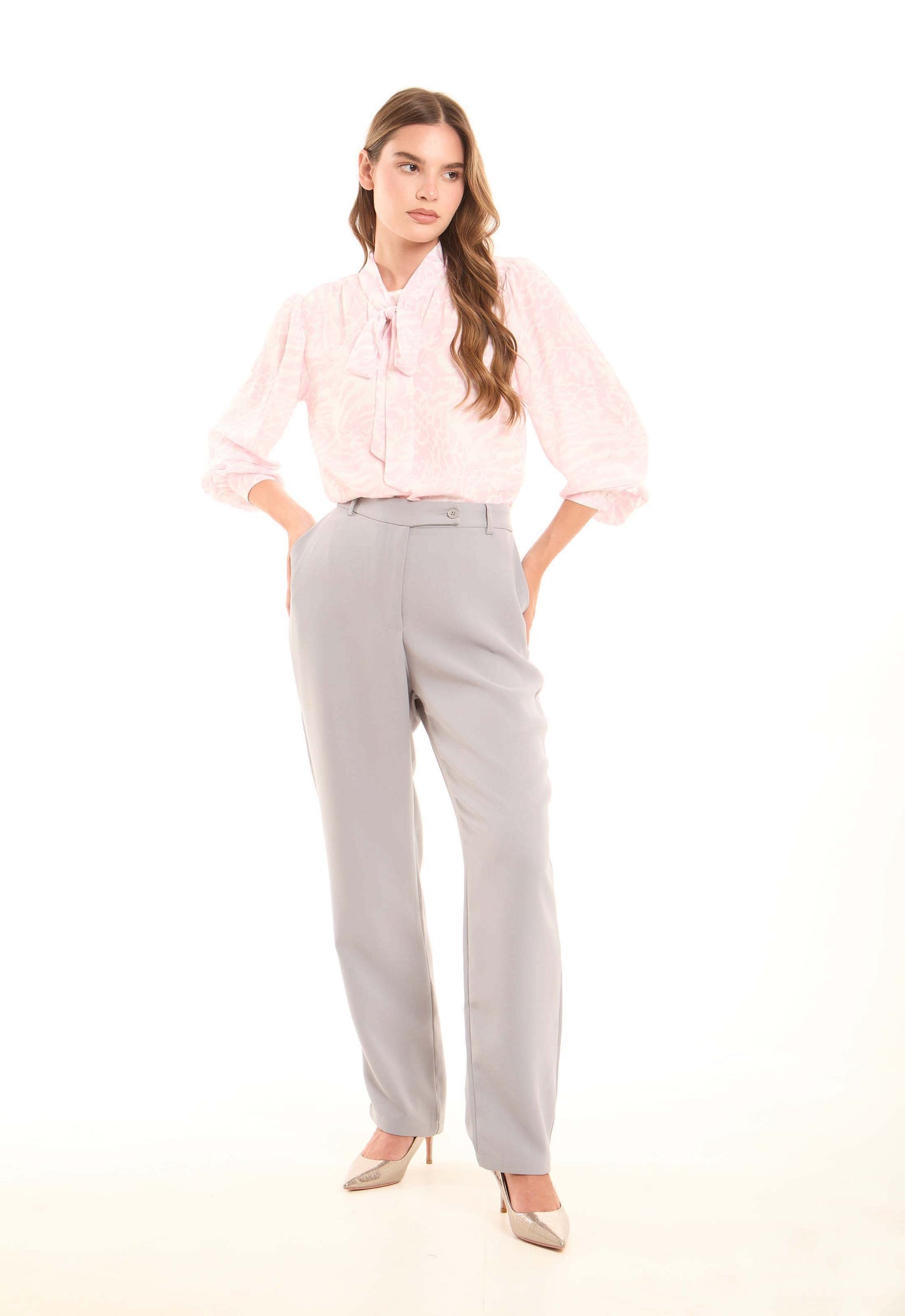 Soft Bow-Tie Blouse with Subtle Animal Print