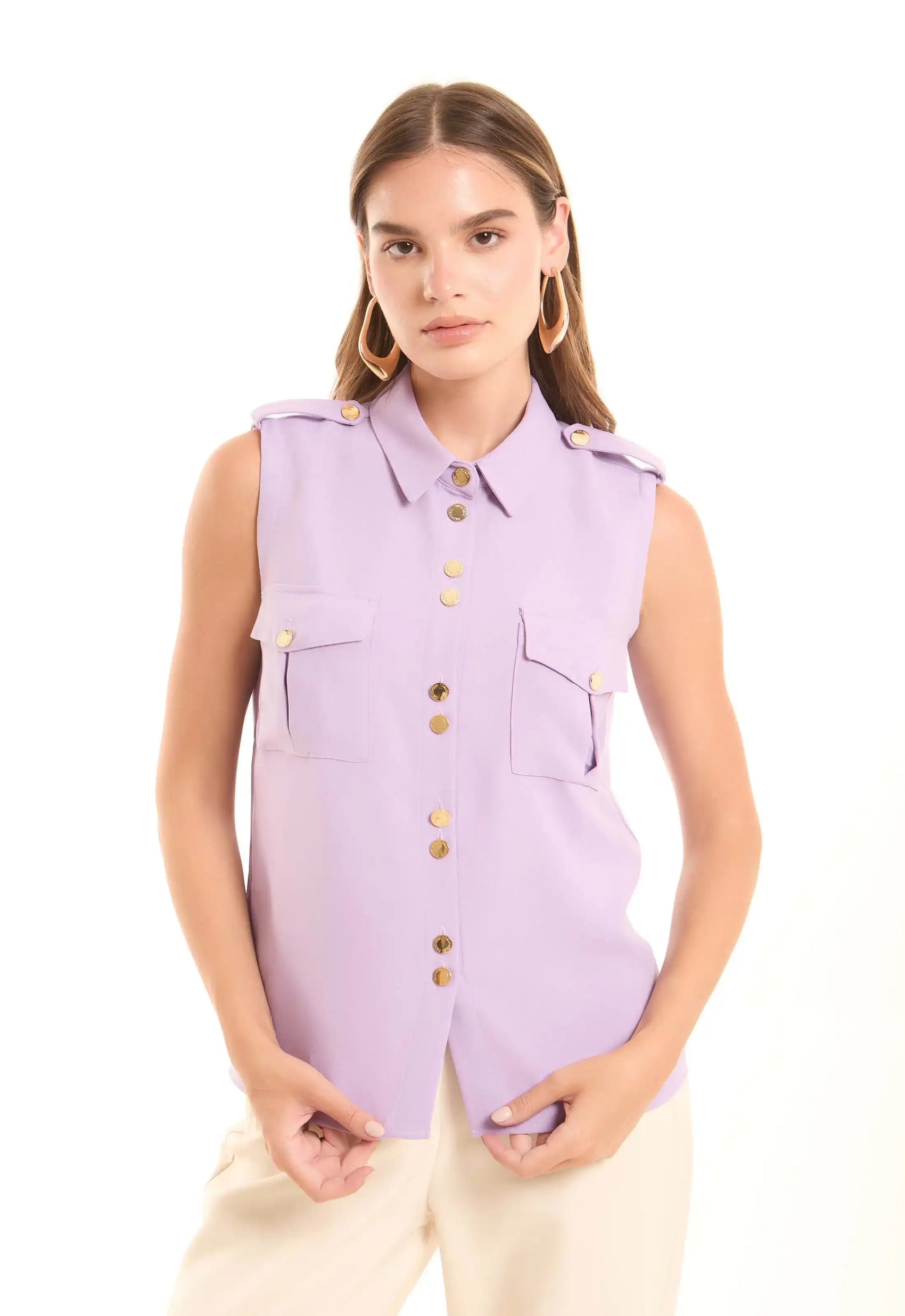 Sleeveless Button-Down Shirt with Gold Details