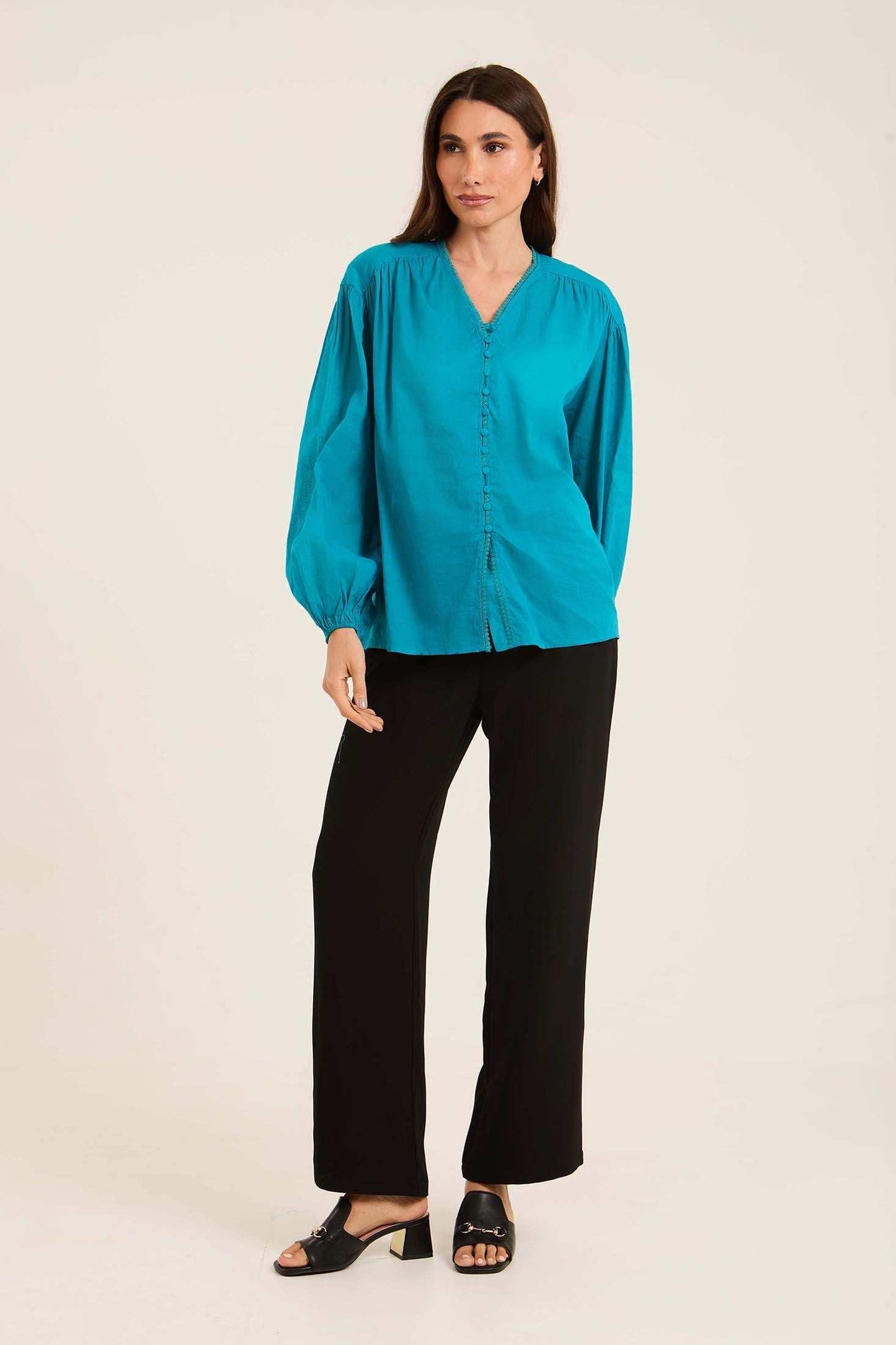 Elegant Linen Blouse with Fabric Buttons