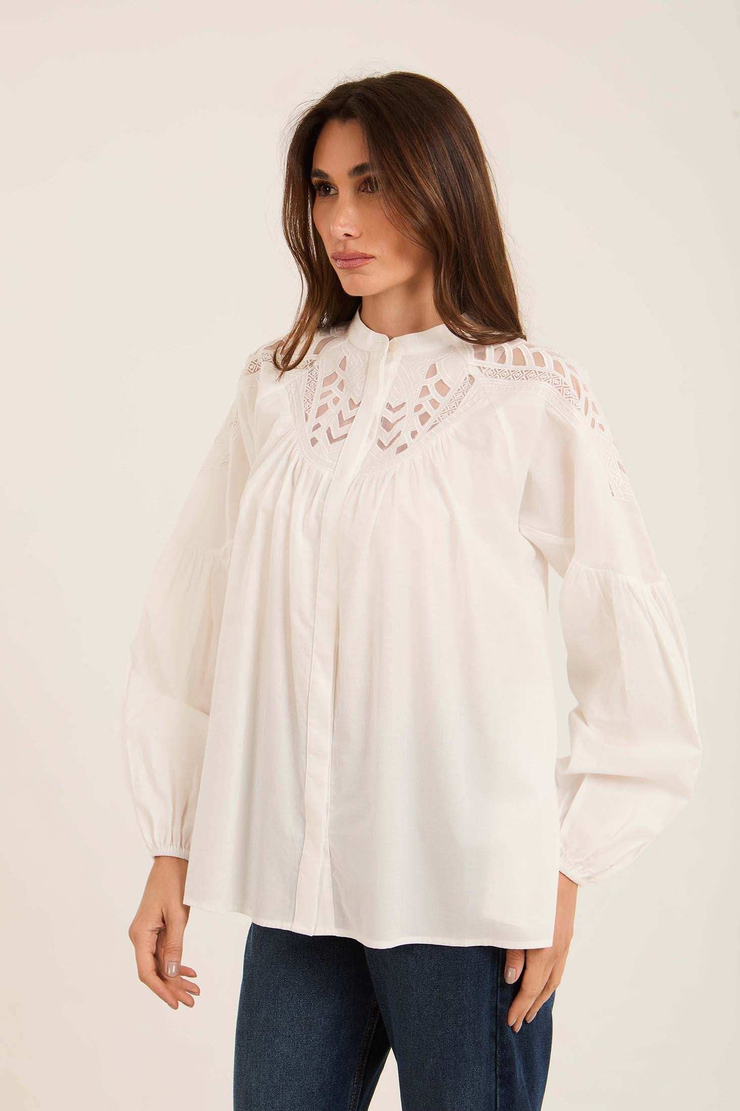 Embroidered Loose Shirt with Sheer Yoke Detail