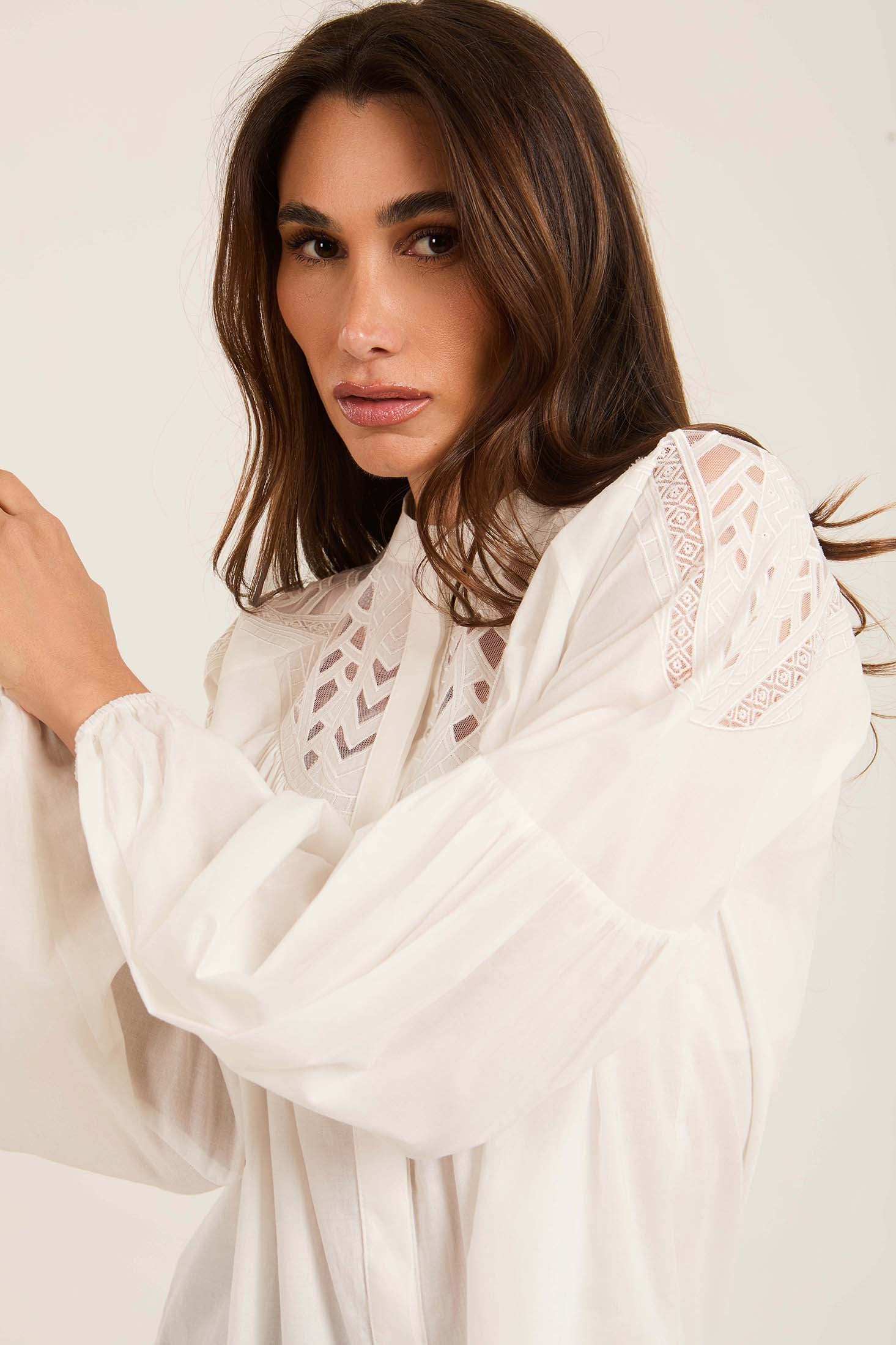 Embroidered Loose Shirt with Sheer Yoke Detail