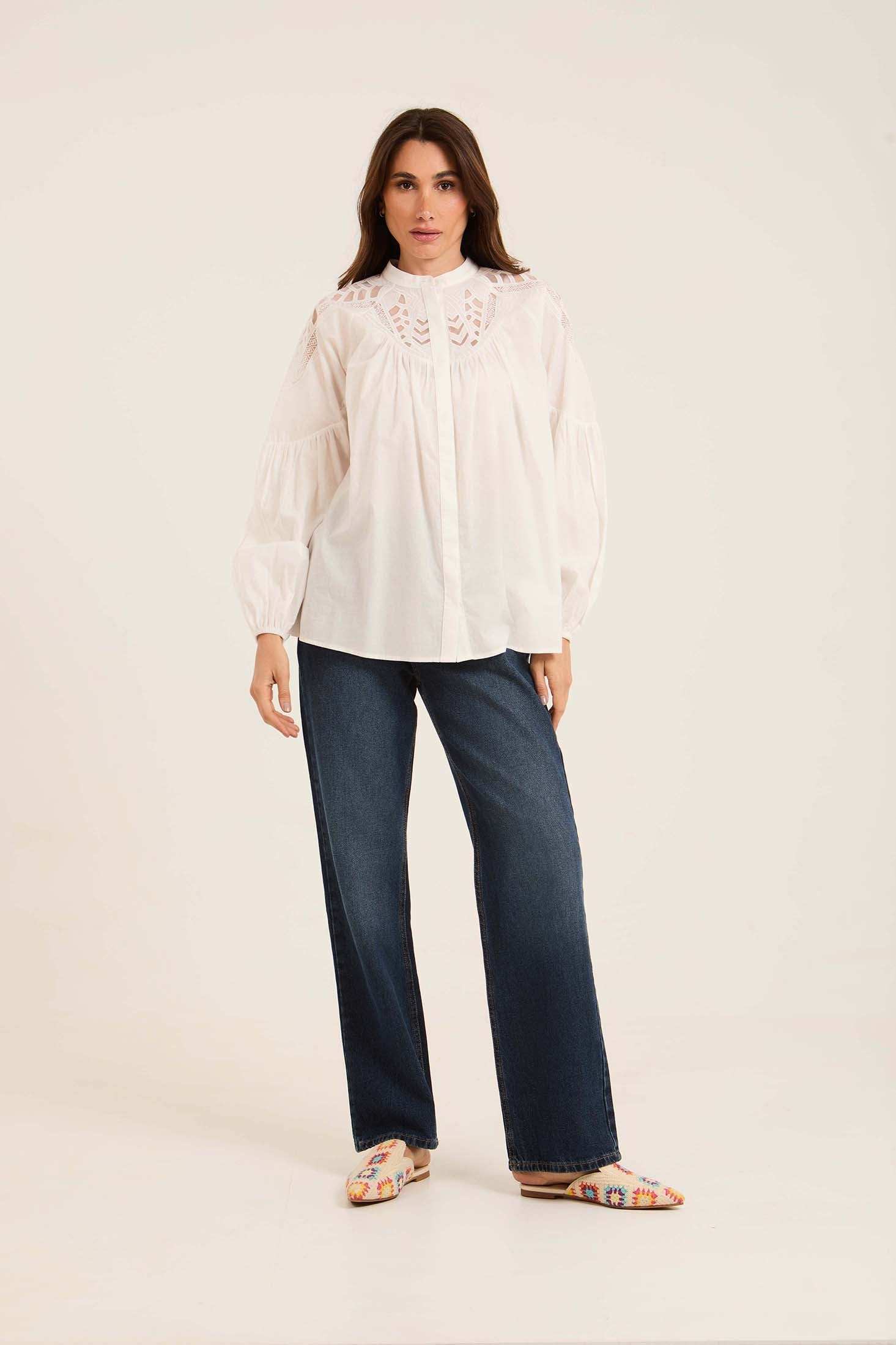 Embroidered Loose Shirt with Sheer Yoke Detail