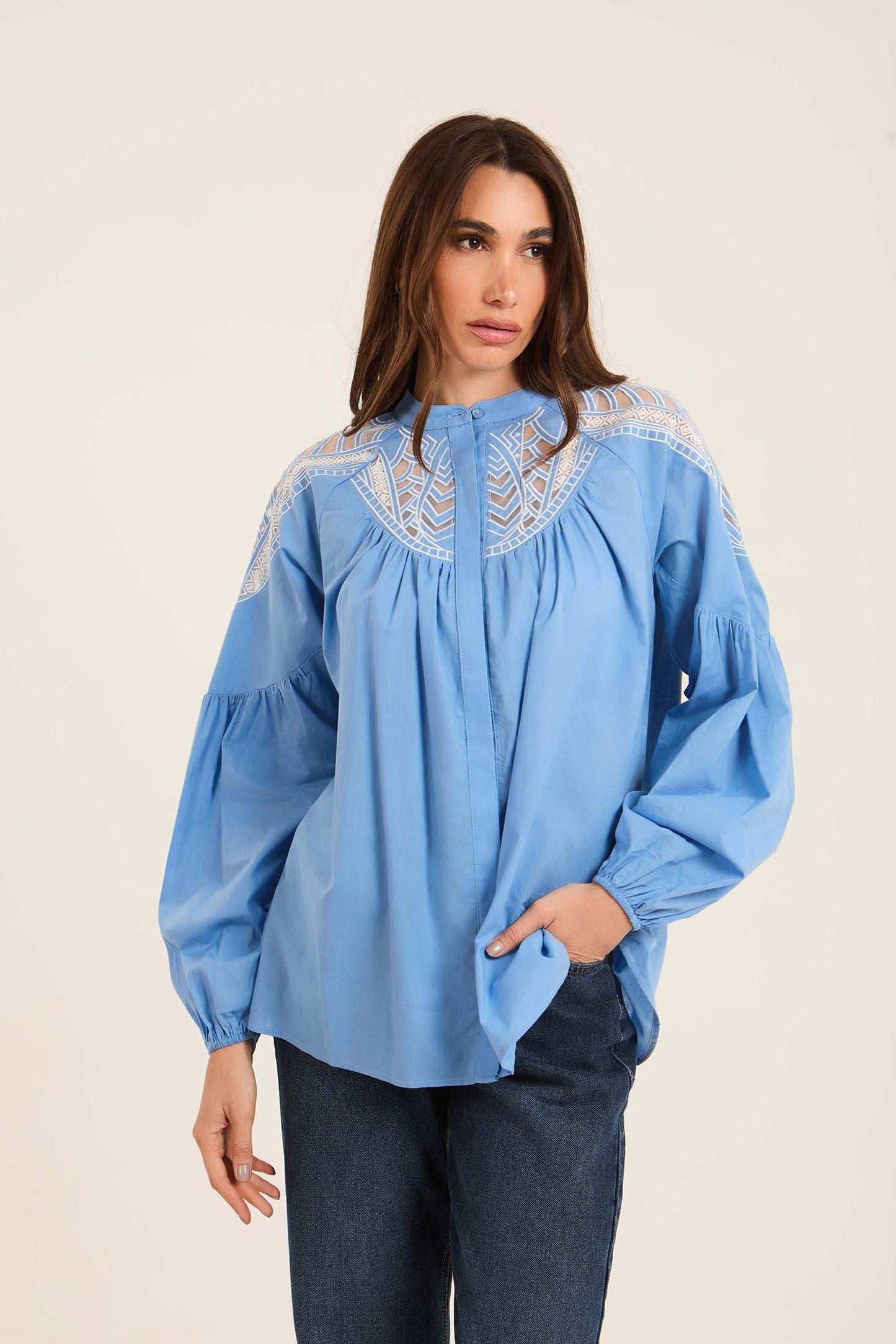 Embroidered Loose Shirt with Sheer Yoke Detail