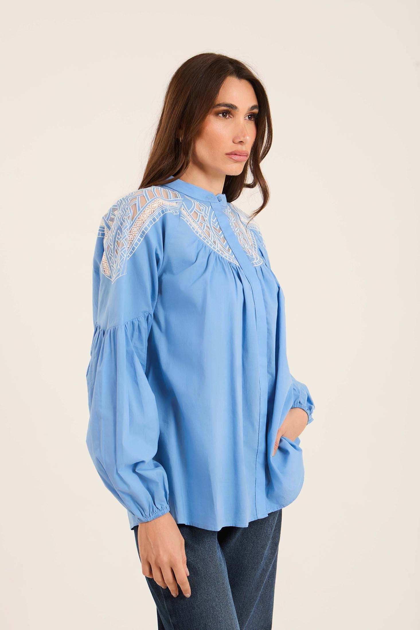 Embroidered Loose Shirt with Sheer Yoke Detail