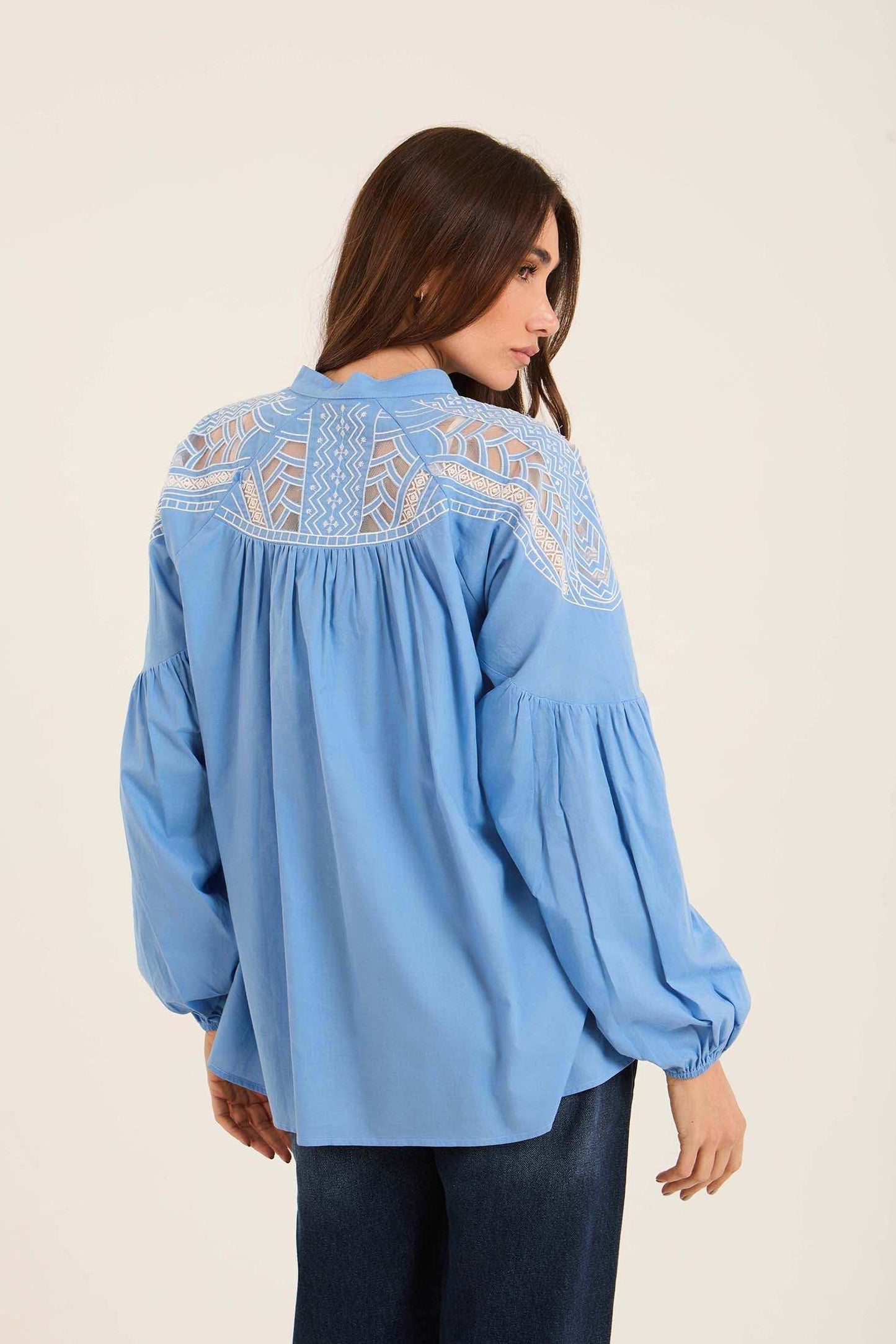 Embroidered Loose Shirt with Sheer Yoke Detail