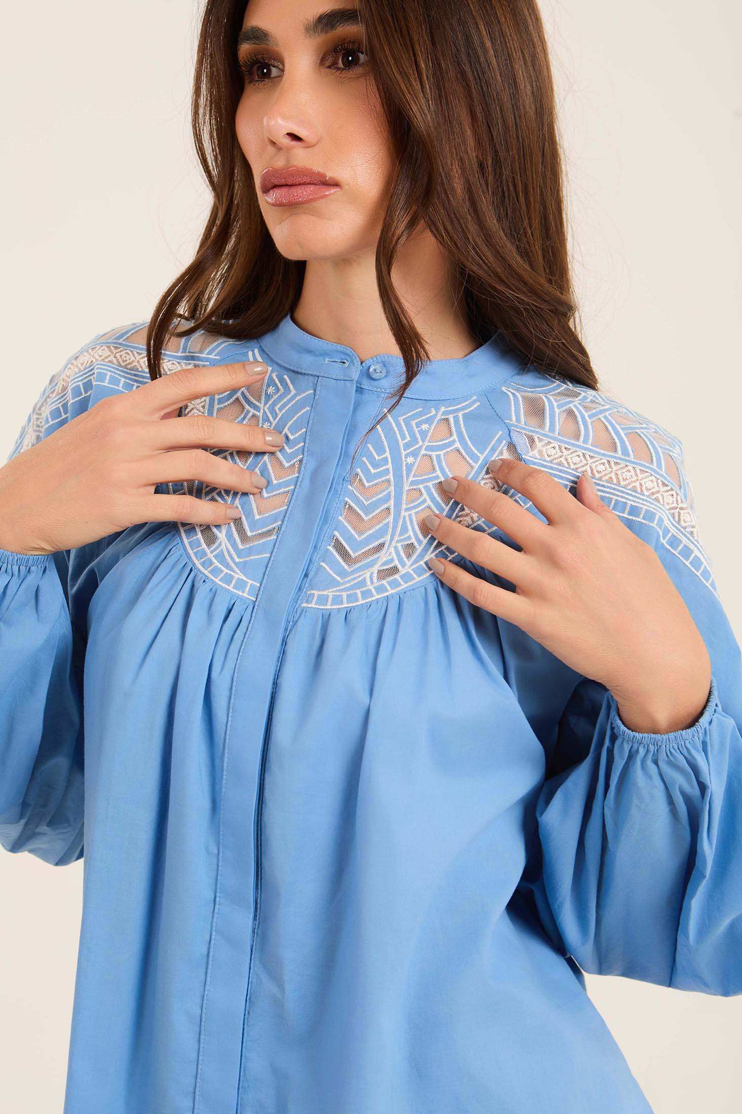 Embroidered Loose Shirt with Sheer Yoke Detail
