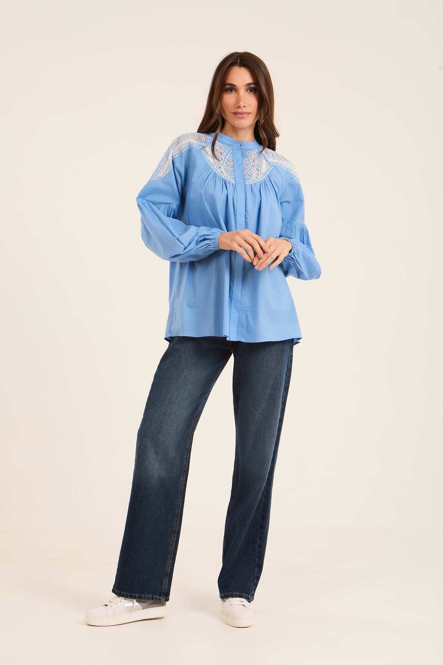 Embroidered Loose Shirt with Sheer Yoke Detail