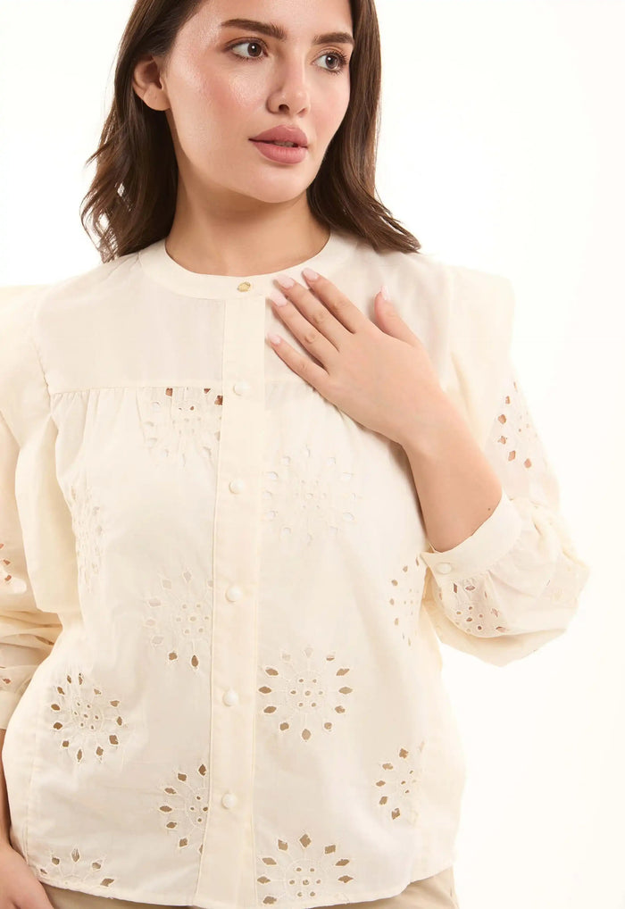 Embroidered Eyelet Shirt with Puff Shoulder Detail