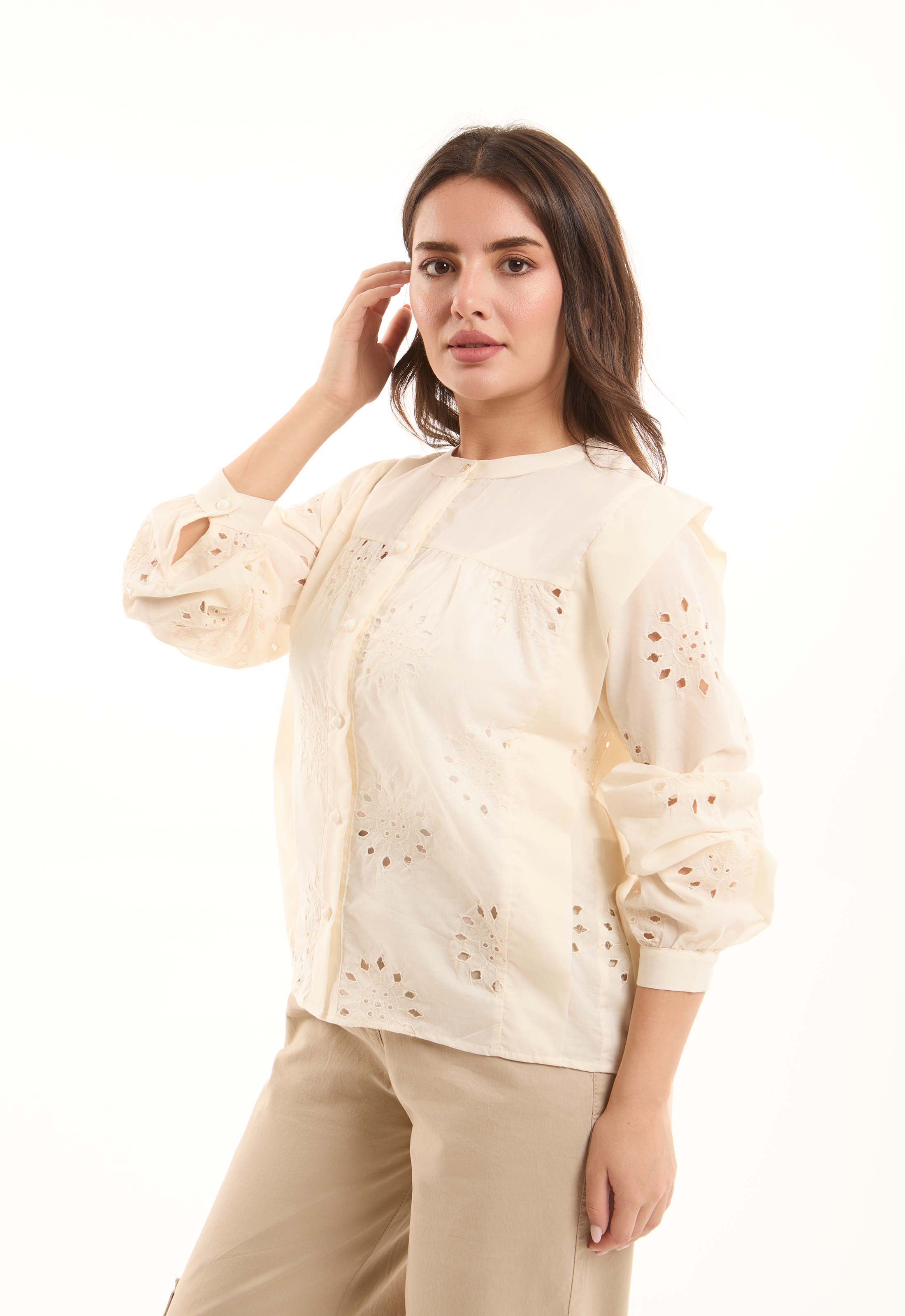 Embroidered Eyelet Shirt with Puff Shoulder Detail