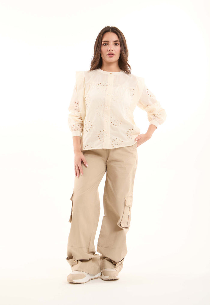 Embroidered Eyelet Shirt with Puff Shoulder Detail