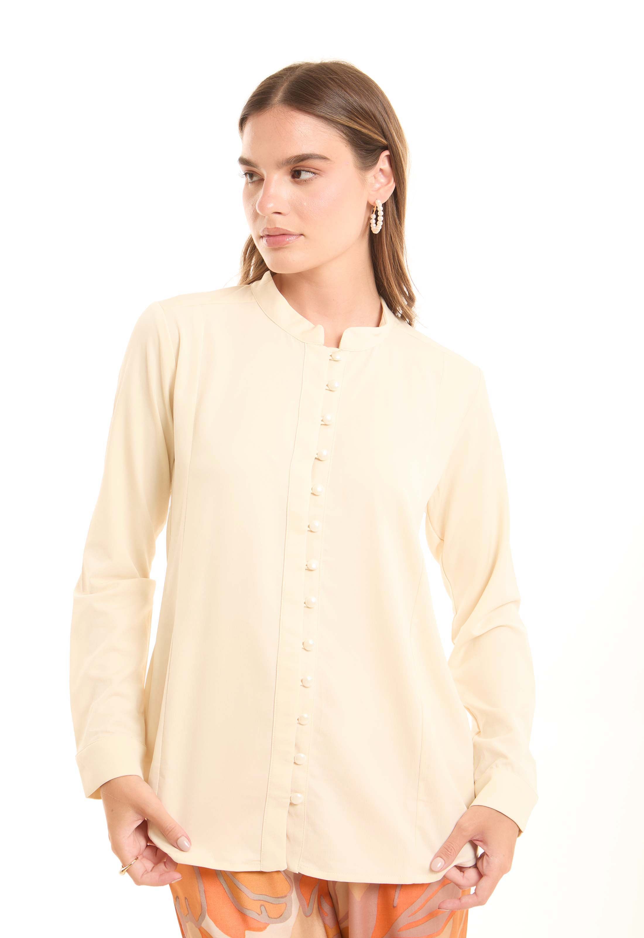 Minimalist Long-Sleeve Blouse with Fabric Buttons