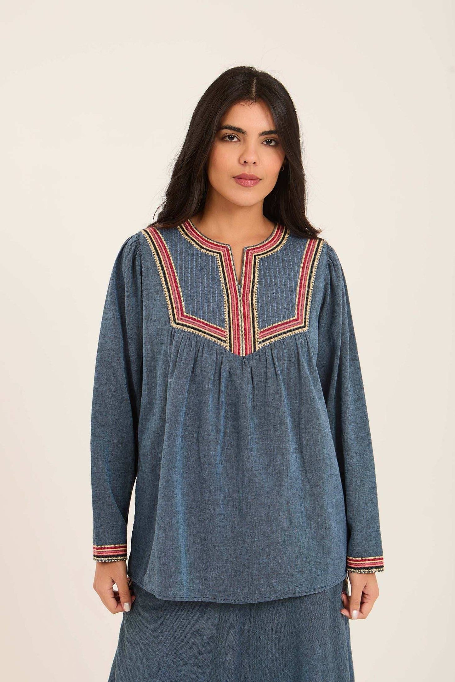 Women Blouse Embroidery Blue