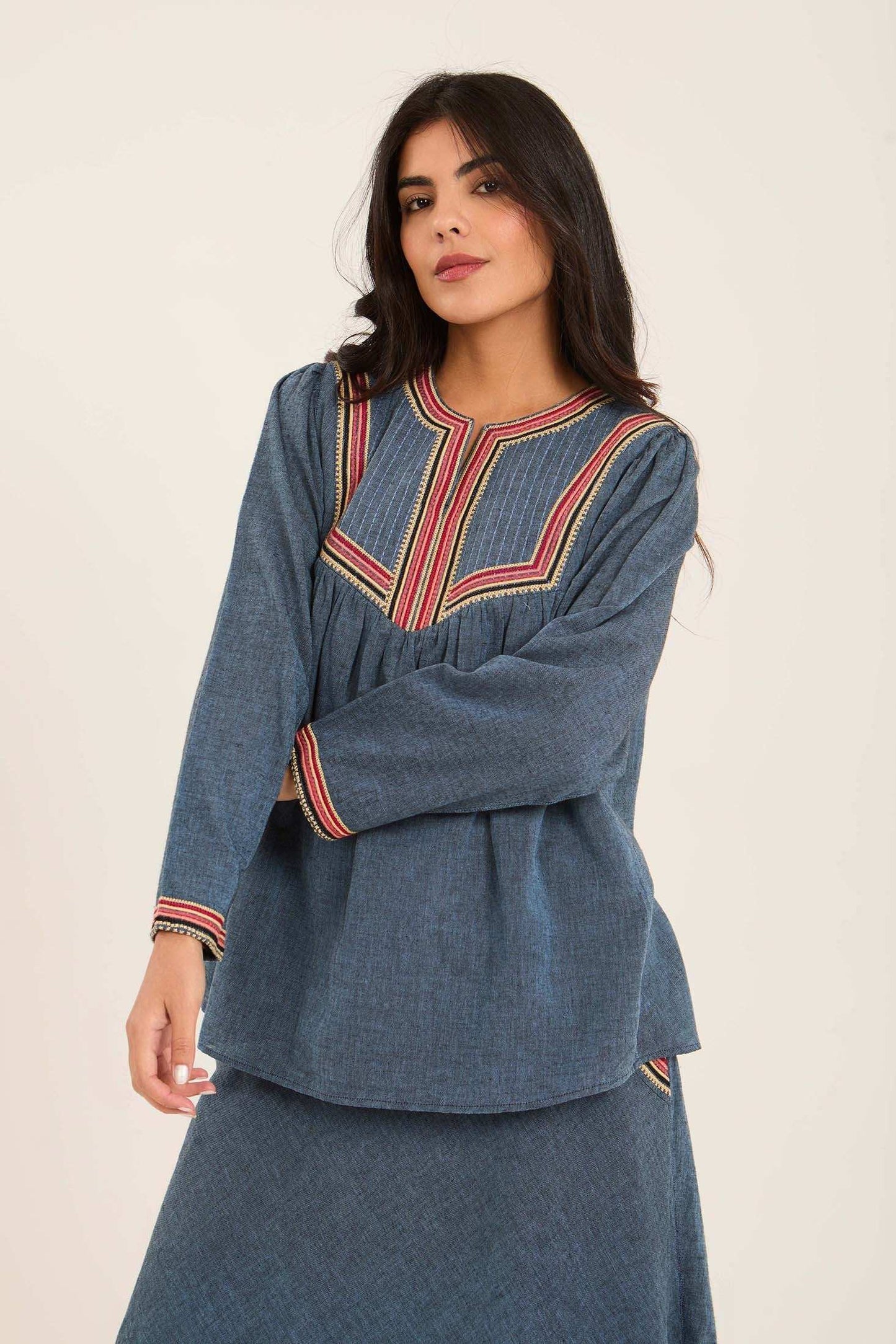 Women Blouse Embroidery Blue