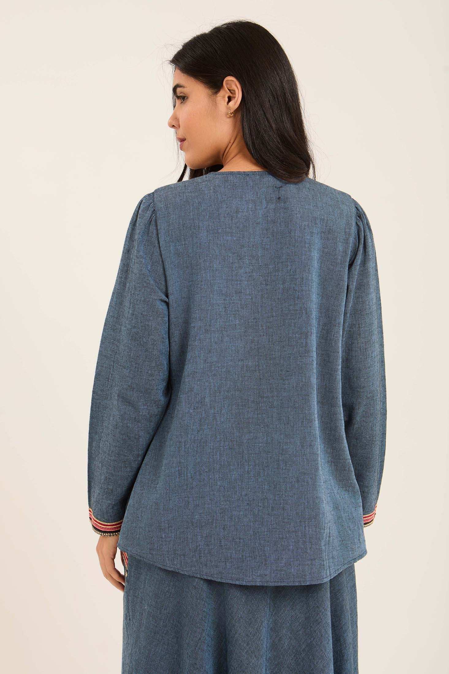 Women Blouse Embroidery Blue