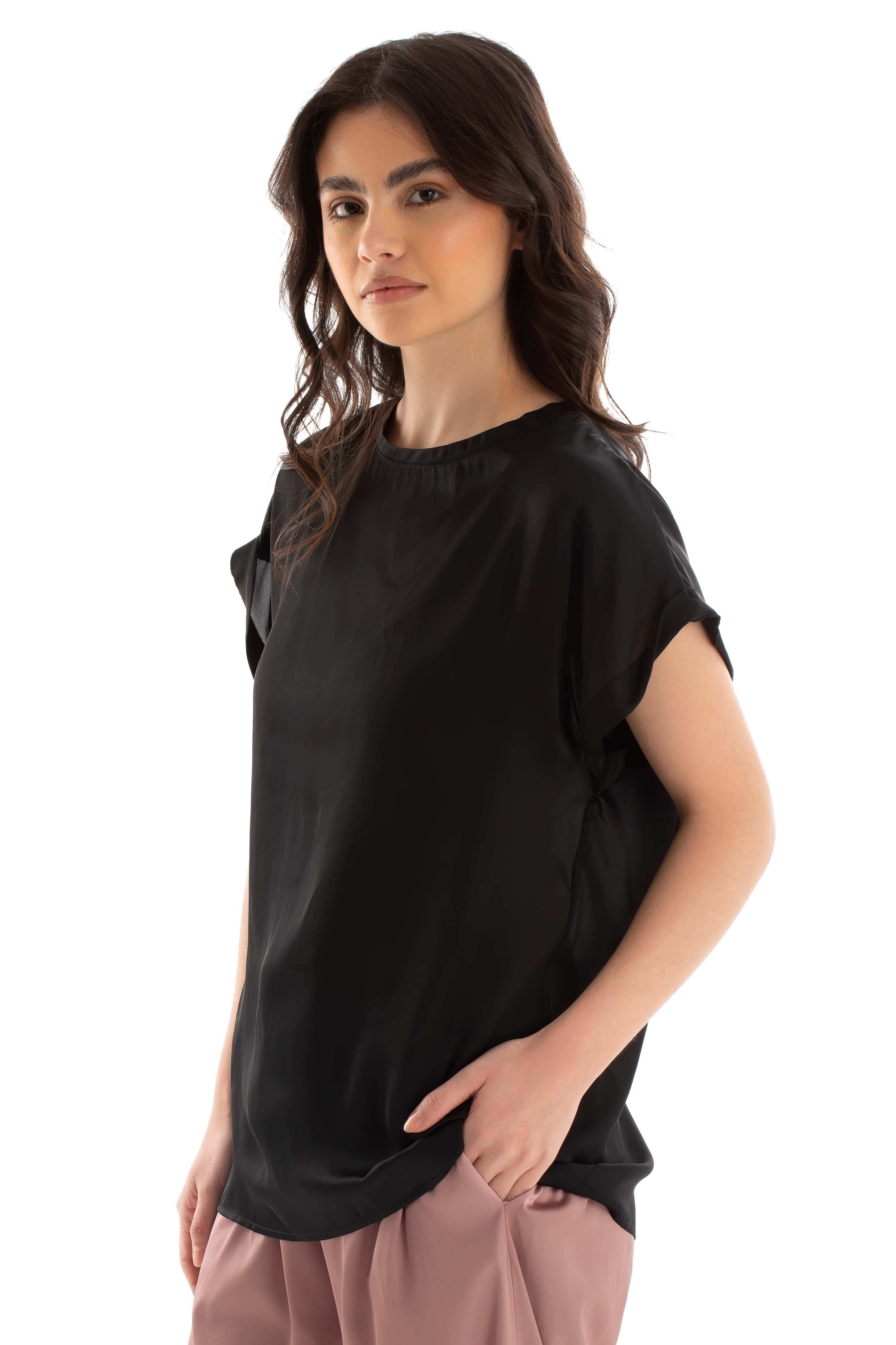 Roll-Up Short Sleeves Satin Top