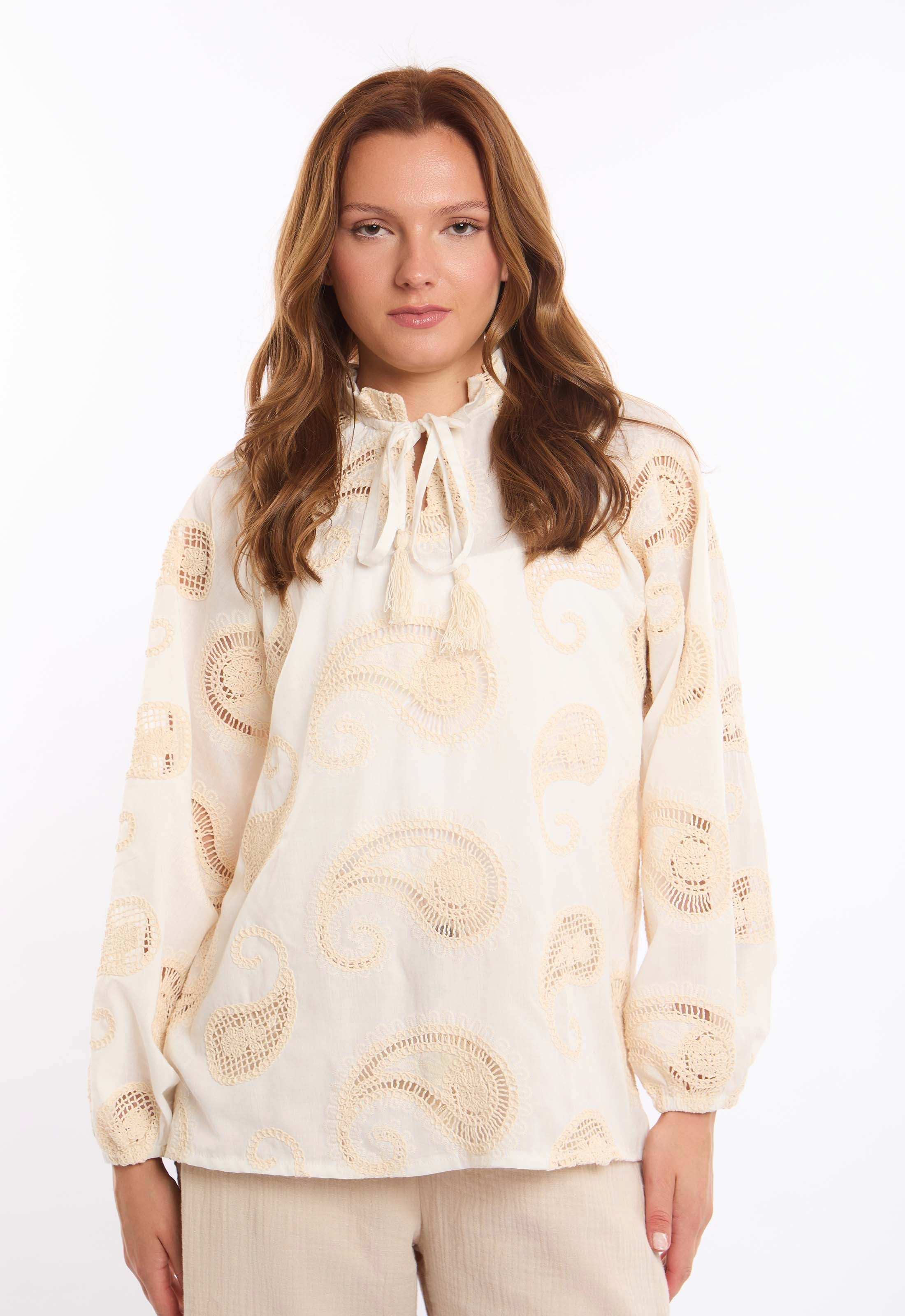 Paisley Embroidered Tie-Neck Blouse