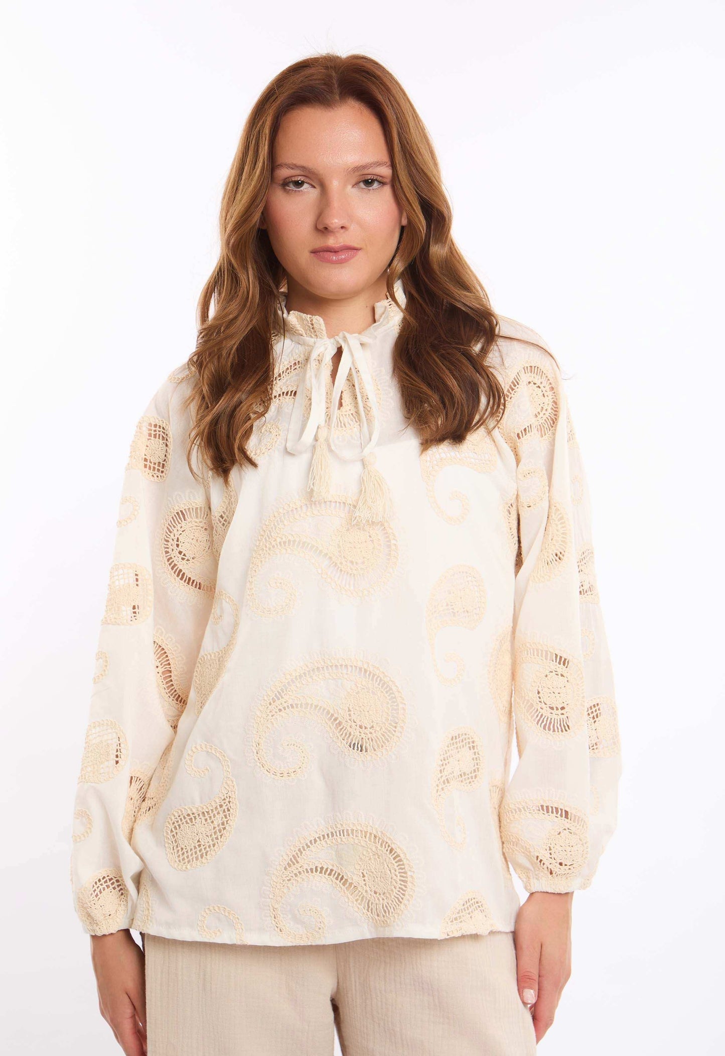 Paisley Embroidered Tie-Neck Blouse