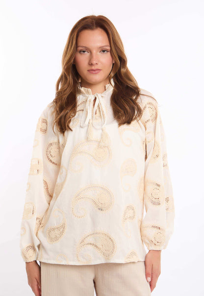 Paisley Embroidered Tie-Neck Blouse