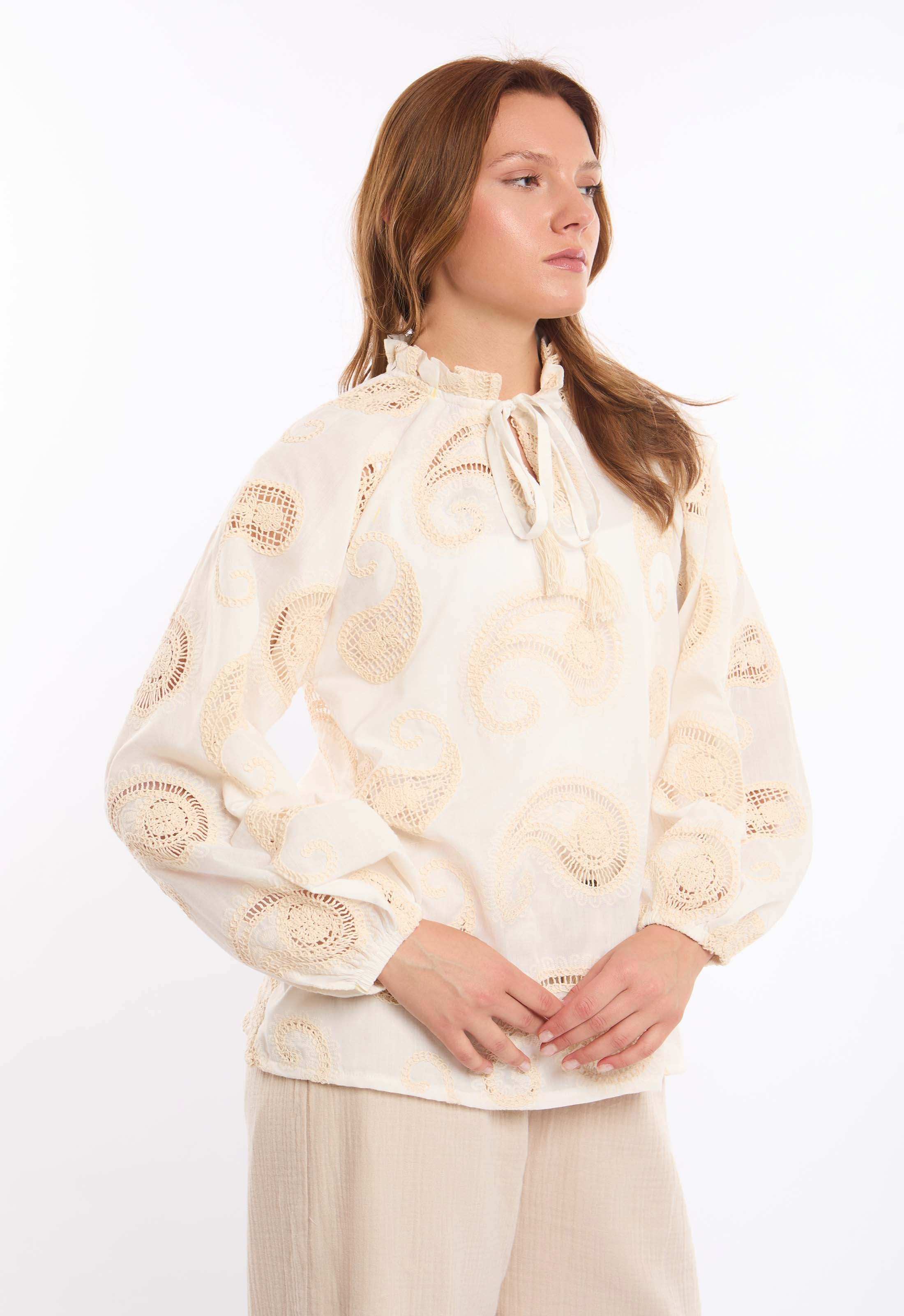 Paisley Embroidered Tie-Neck Blouse