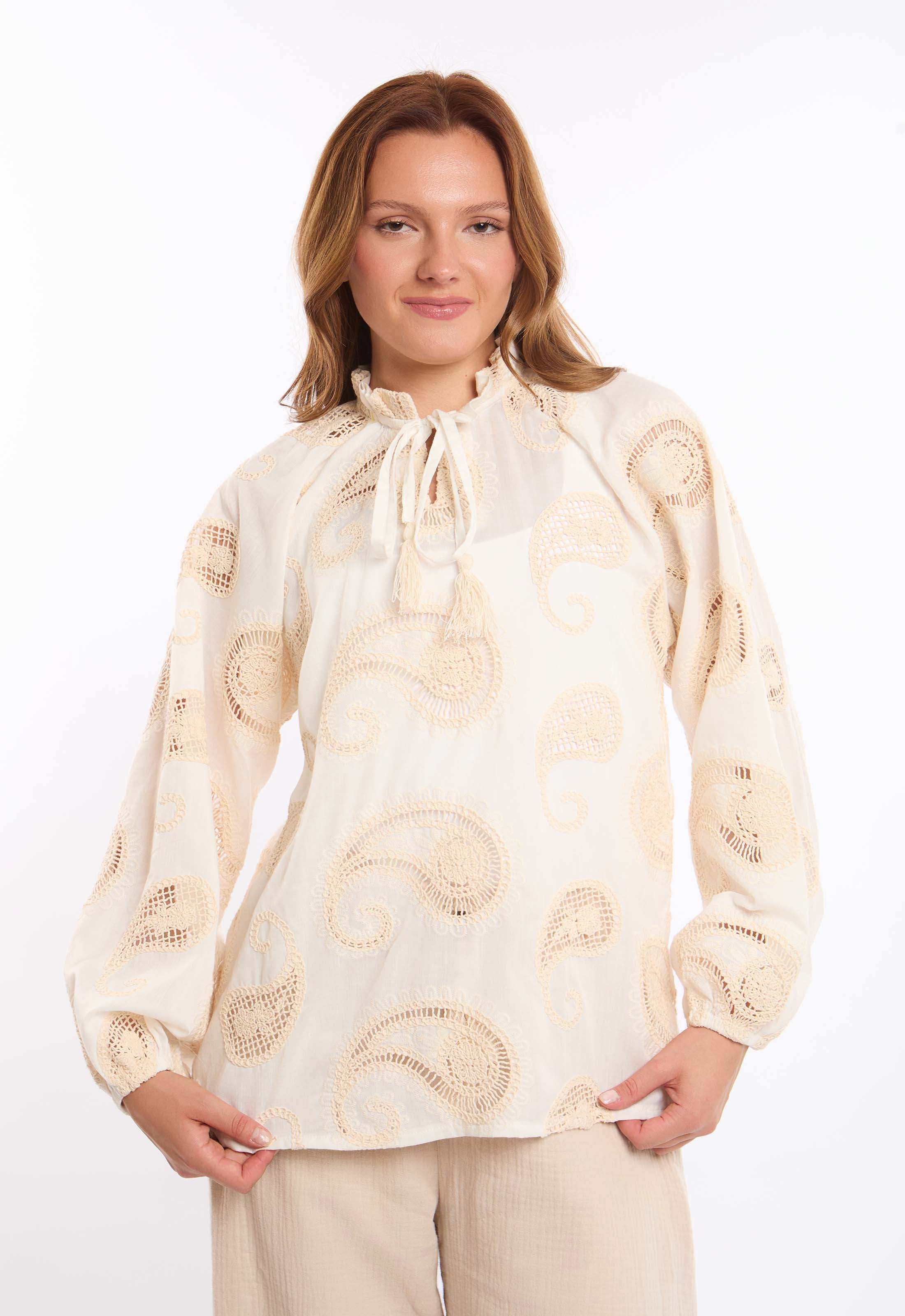 Paisley Embroidered Tie-Neck Blouse