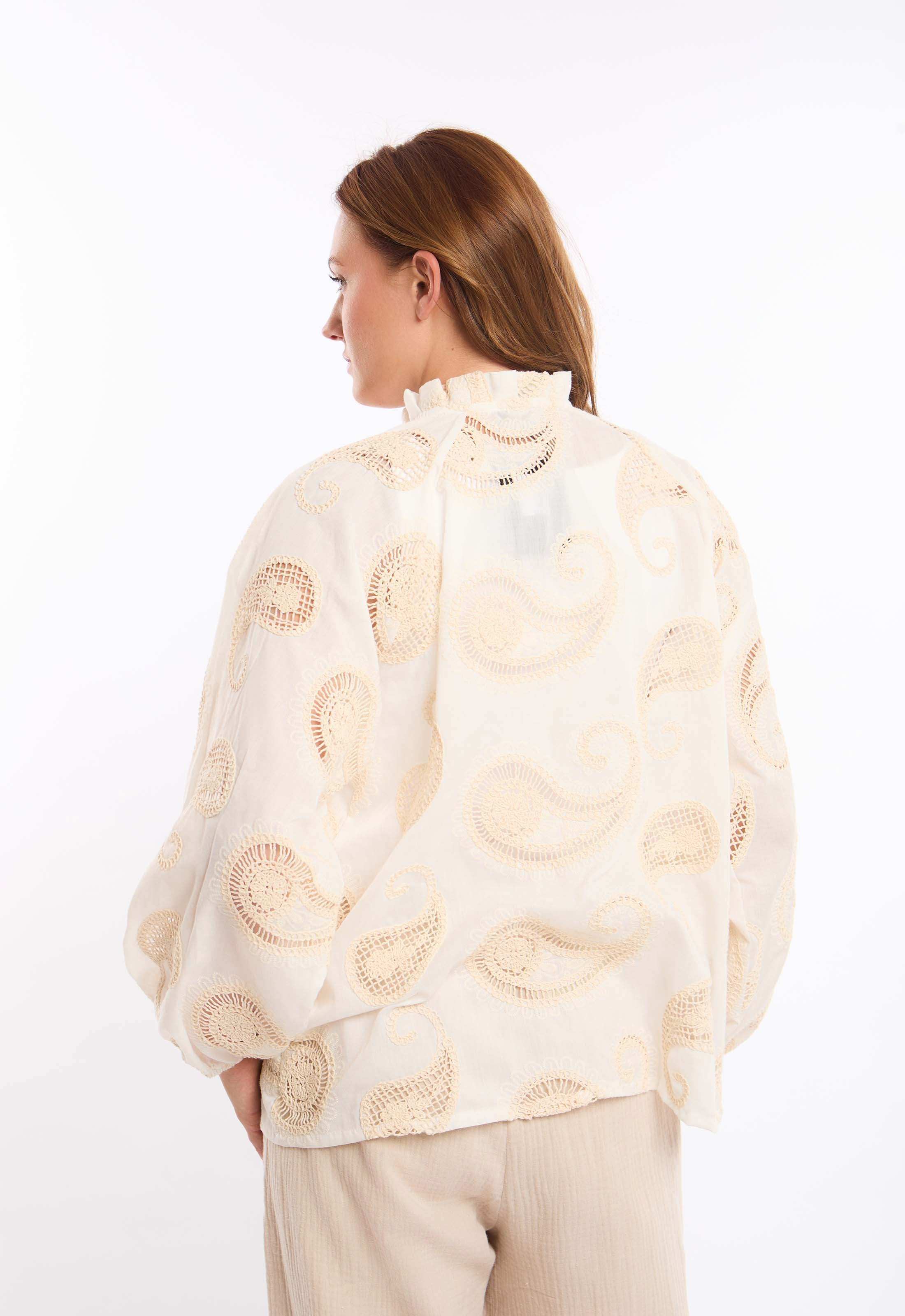 Paisley Embroidered Tie-Neck Blouse