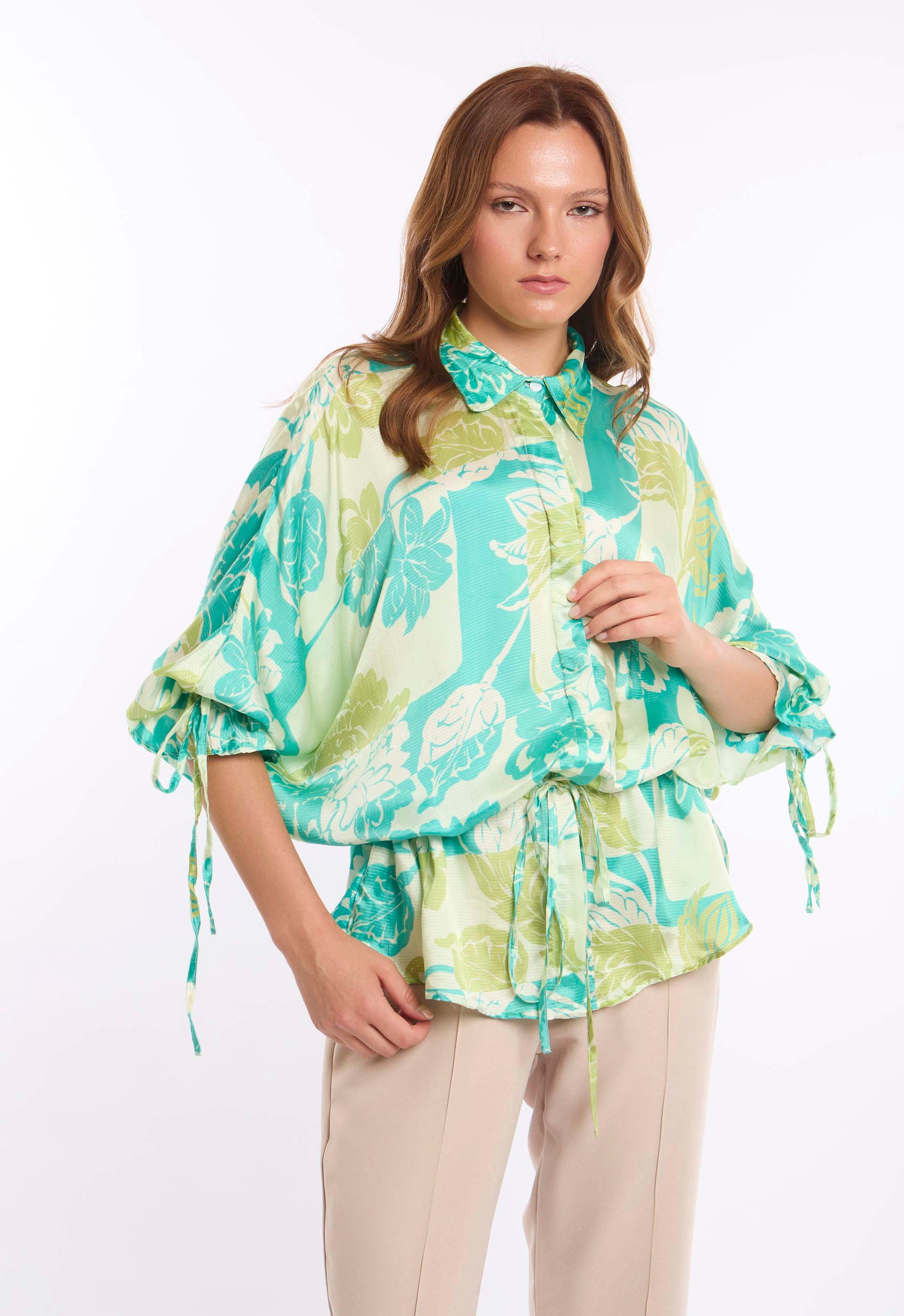 Botanical Wrap Blouse with Kimono Sleeves