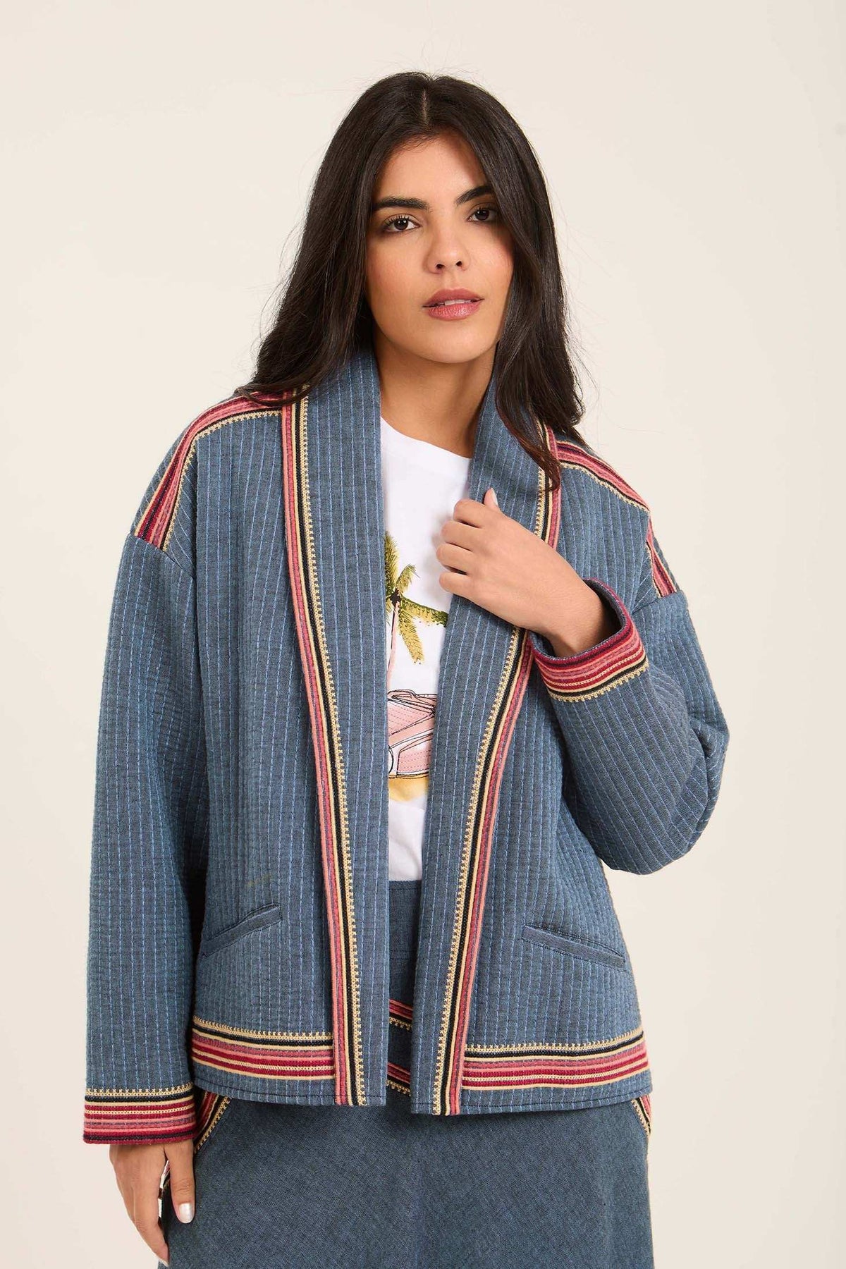 Women Jacket Kimono Cropped Blue