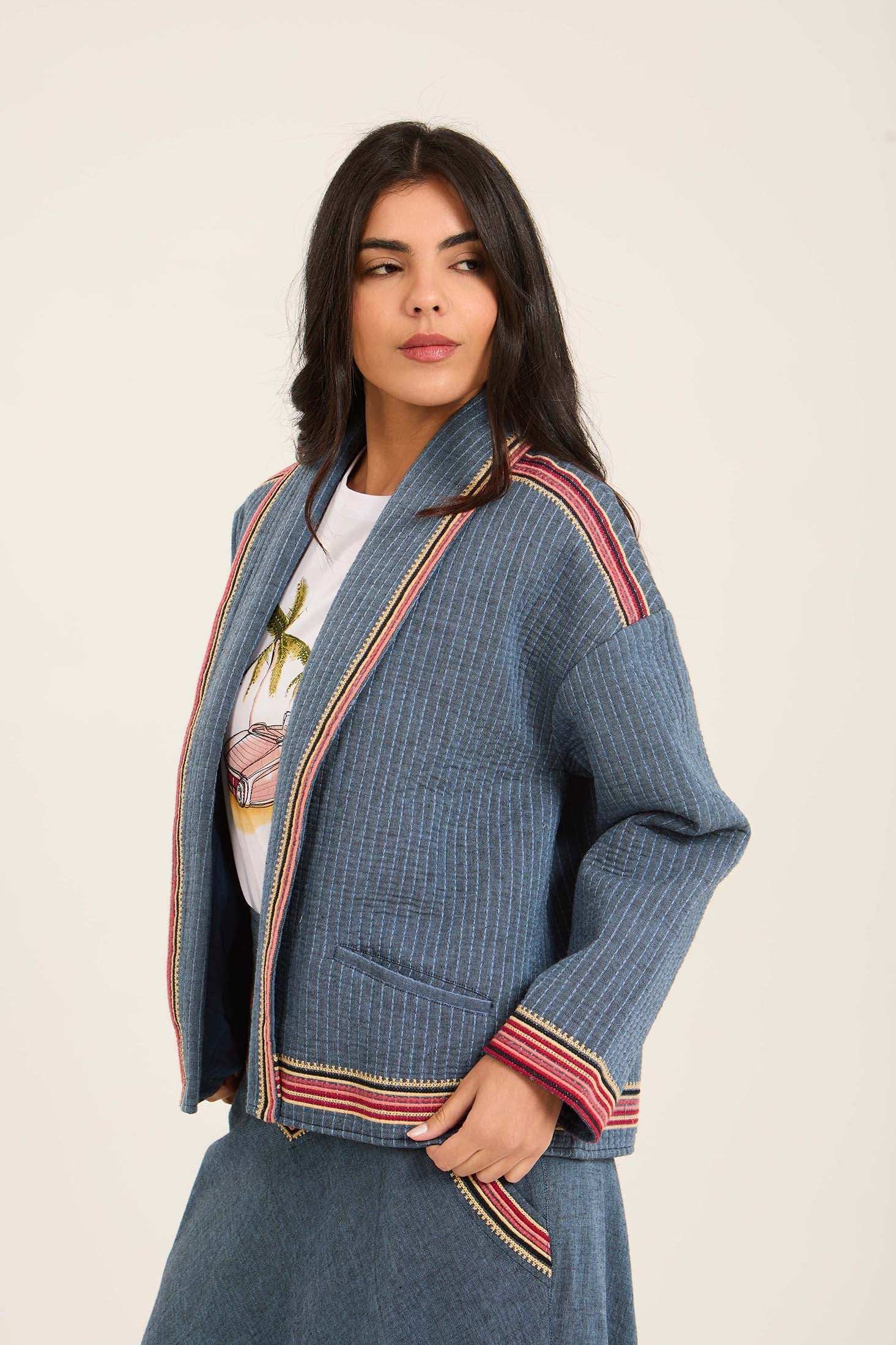 Women Jacket Kimono Cropped Blue