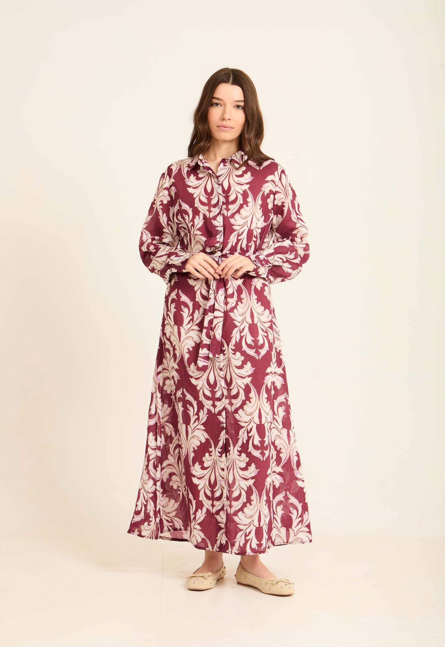 Long Sleeves Damask Pattern Buttoned Dress