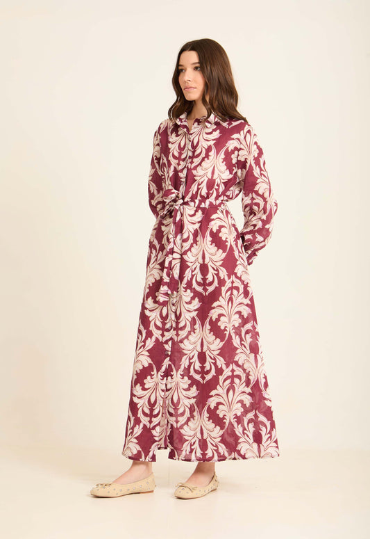 Long Sleeves Damask Pattern Buttoned Dress