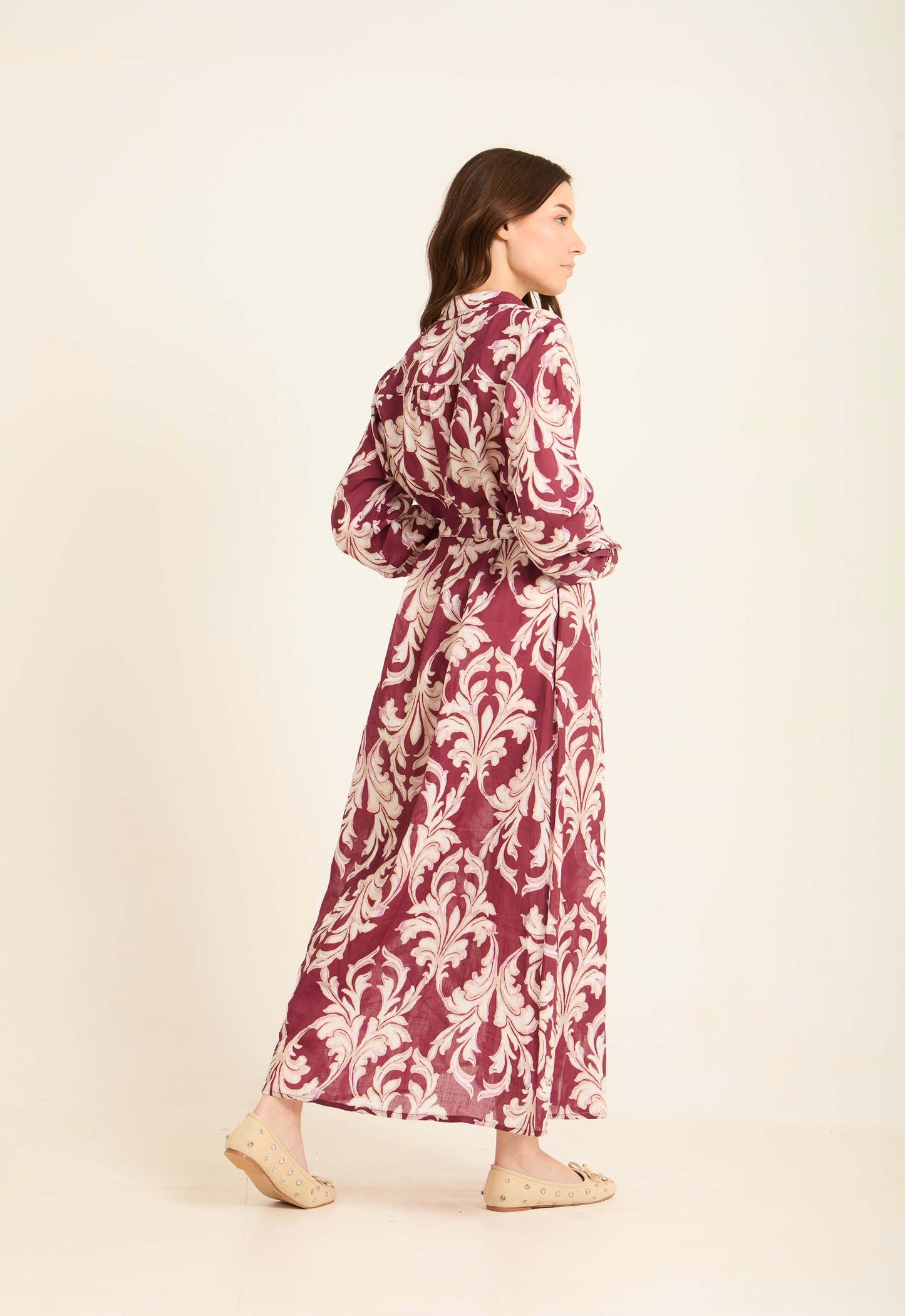 Long Sleeves Damask Pattern Buttoned Dress